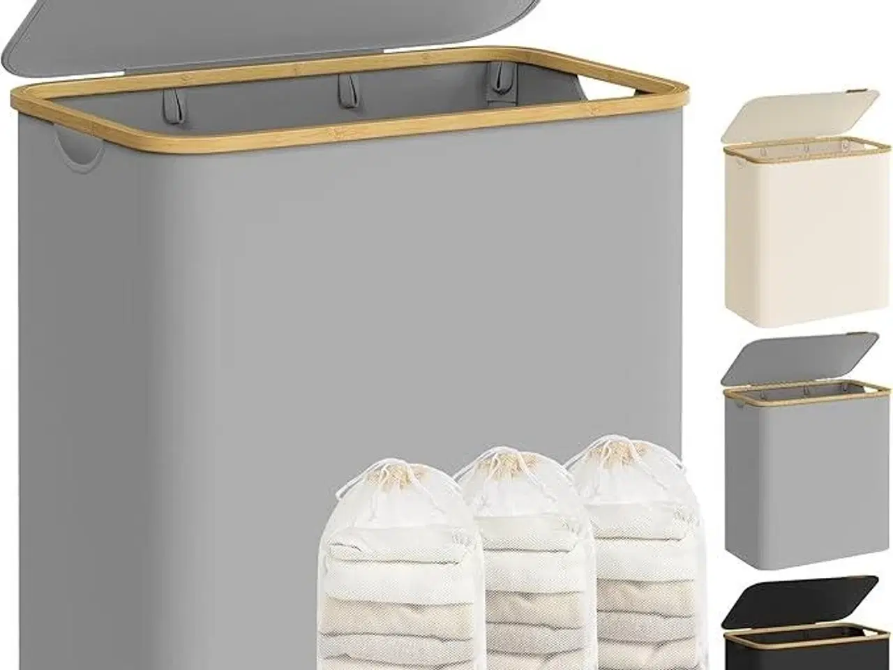 Billede 1 - Vasketøjskurv med låg 3 rum, 150 l, aftagelig netforing, Oxford-stof, bambushåndtag, sammenklappelig, 60 × 38,5 × 70,5 cm, duegrå