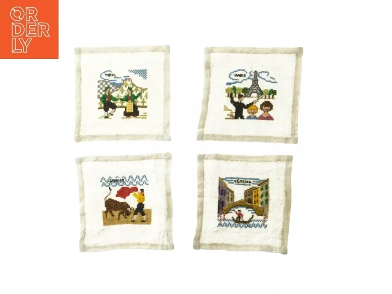 Billede 1 - Broderede dekorationsbilleder på stof (str. 4 stk 14x14 cm)