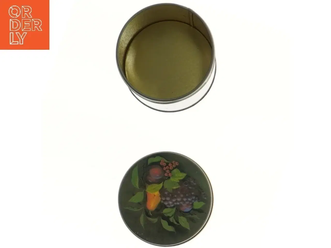 Billede 2 - Dekorativ metalbeholder med frugtmotiv (str. Ø 8,5x12 cm)