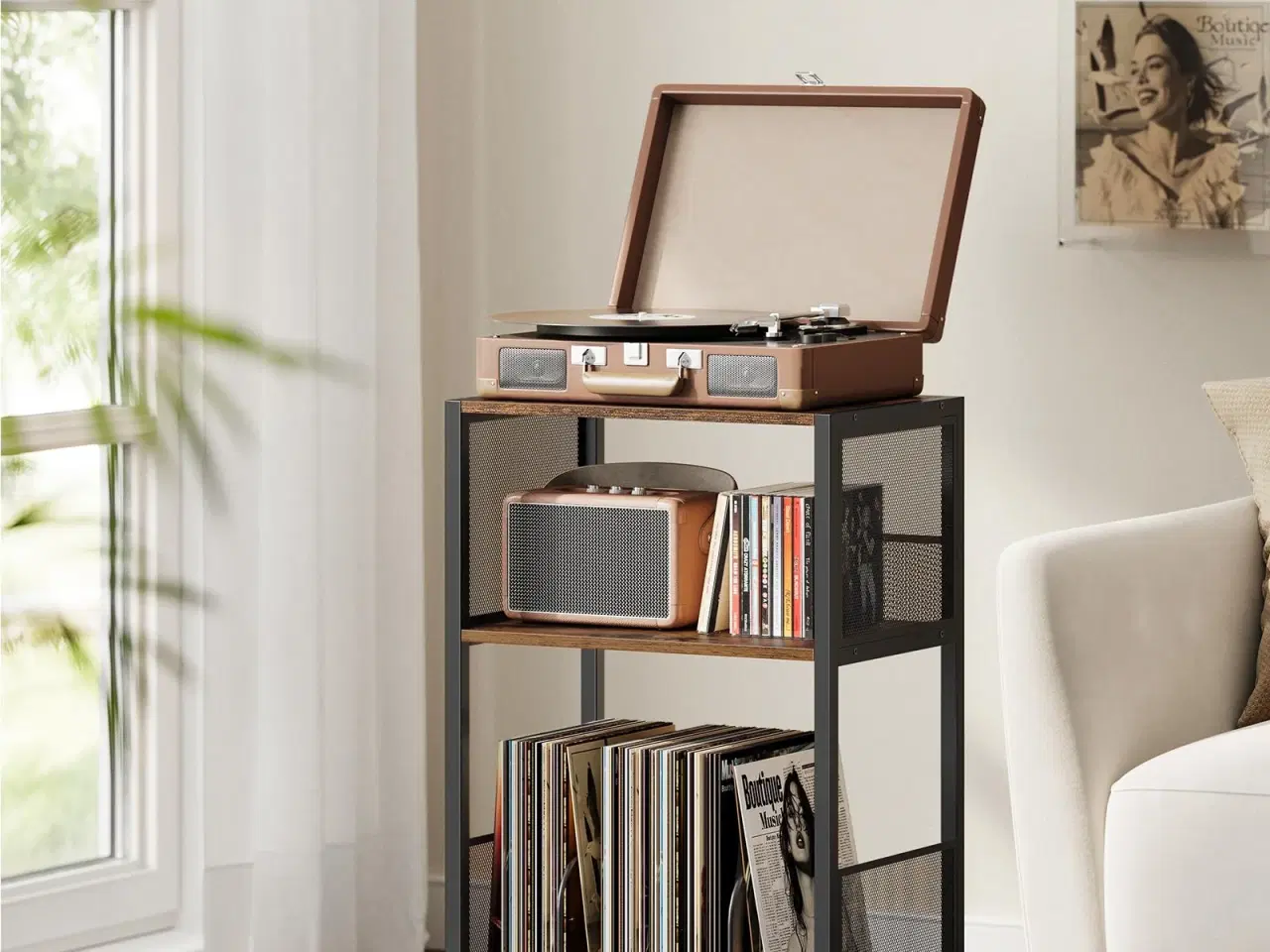 Billede 2 - Pladespillerbord med 3 hylder – vinylopbevaring til op til 100 albums, sidebord til stue og soveværelse, rustik brun