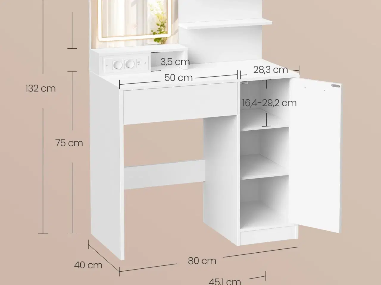 Billede 5 - Toiletbord med LED-spejl og strømudtag – skuffe, åbne hylder og skab med 2 justerbare hylder, hvid (Kailyn, RDT138W01)