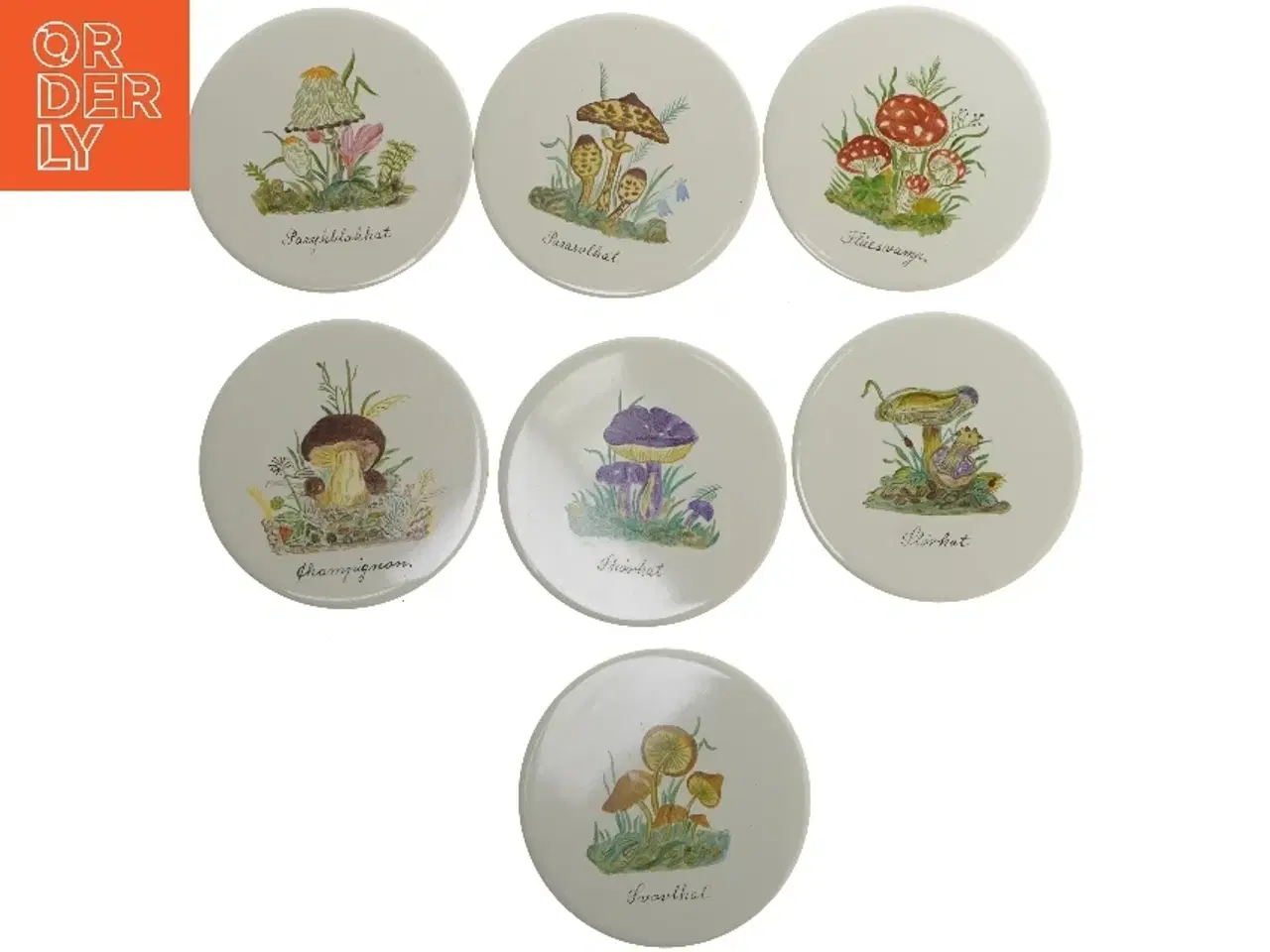 Billede 1 - Dekorative håndmalede smørbrikse med svampemotiver (str. 7 stk Ø 15,5 cm)