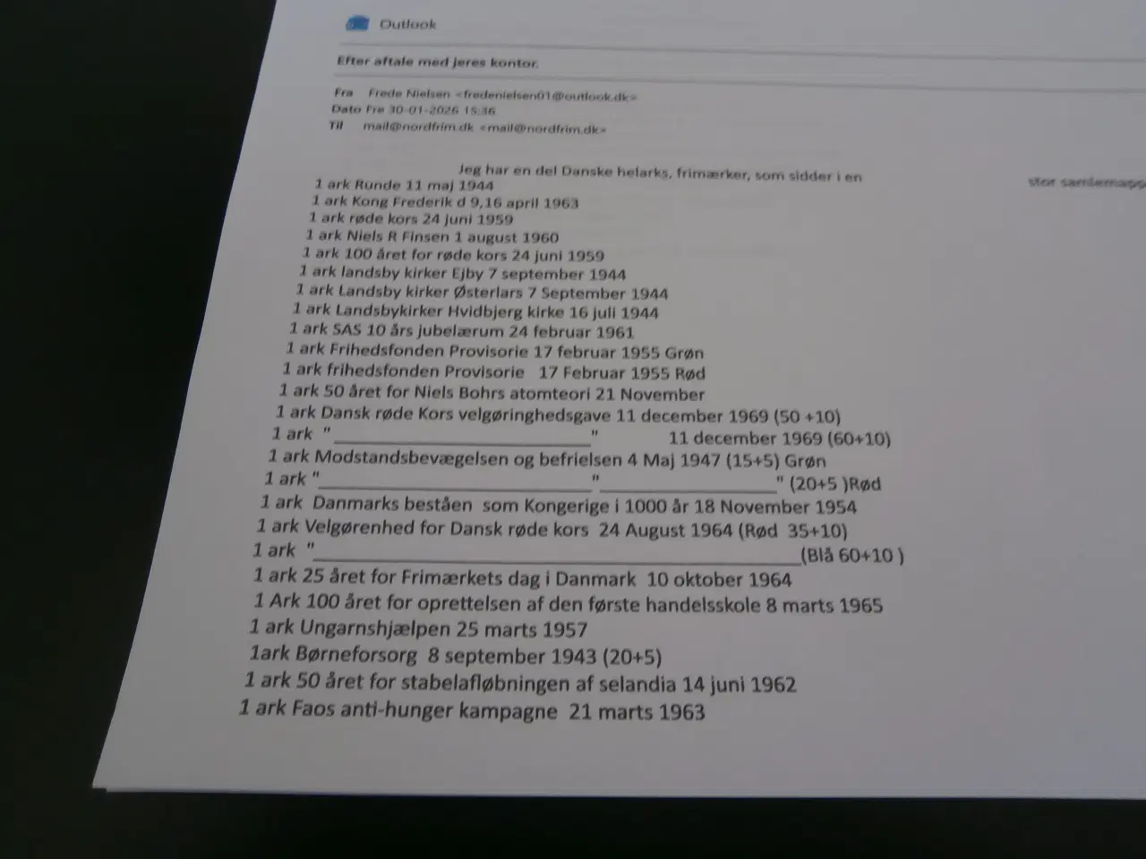 Billede 1 - Beskrivelse af helark frimærker 44 stk 100 kr pr