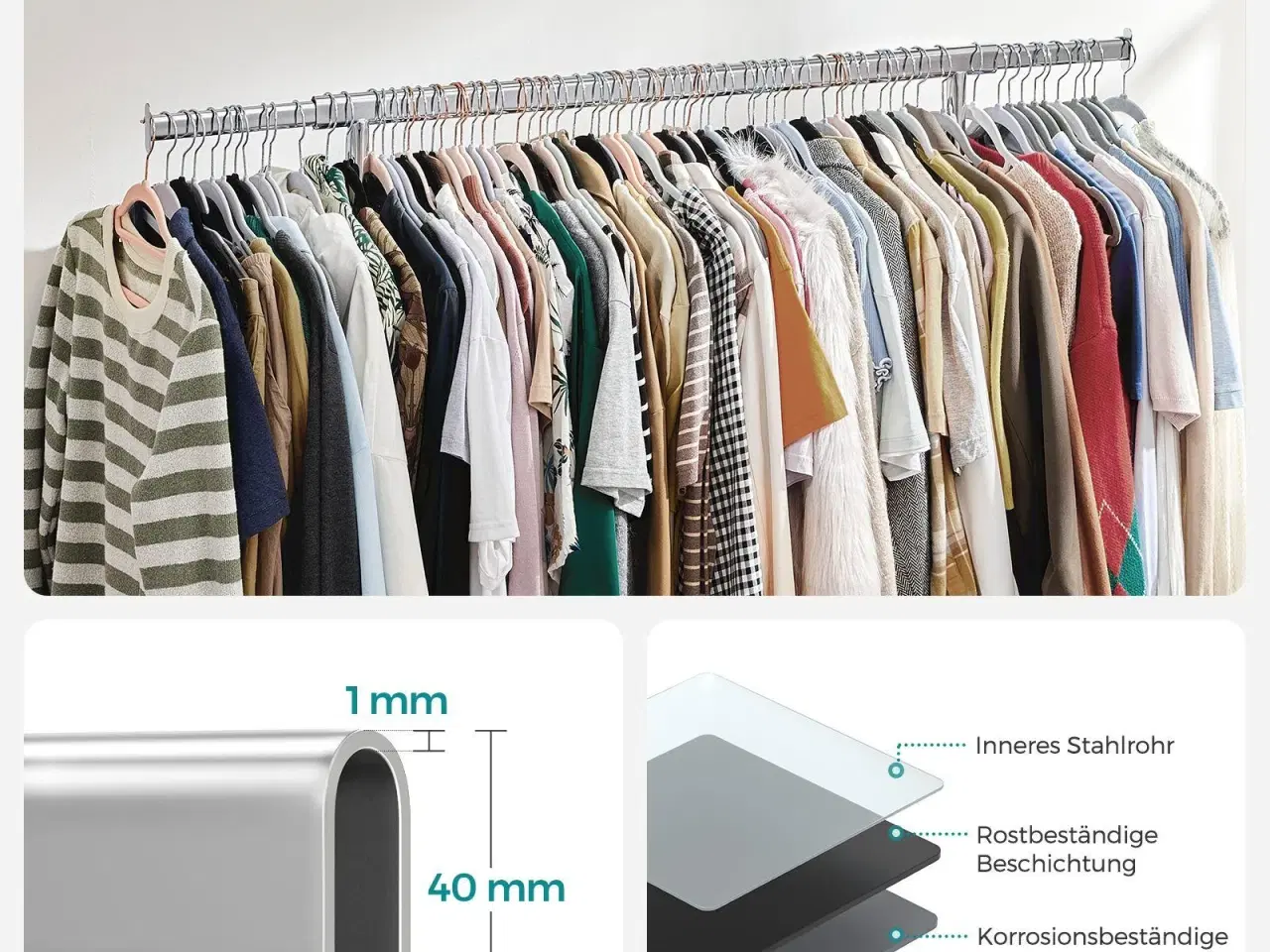 Billede 3 - Tøjstativ på hjul kraftig model, udtrækkelig bøjlestang, 90 kg, sølv