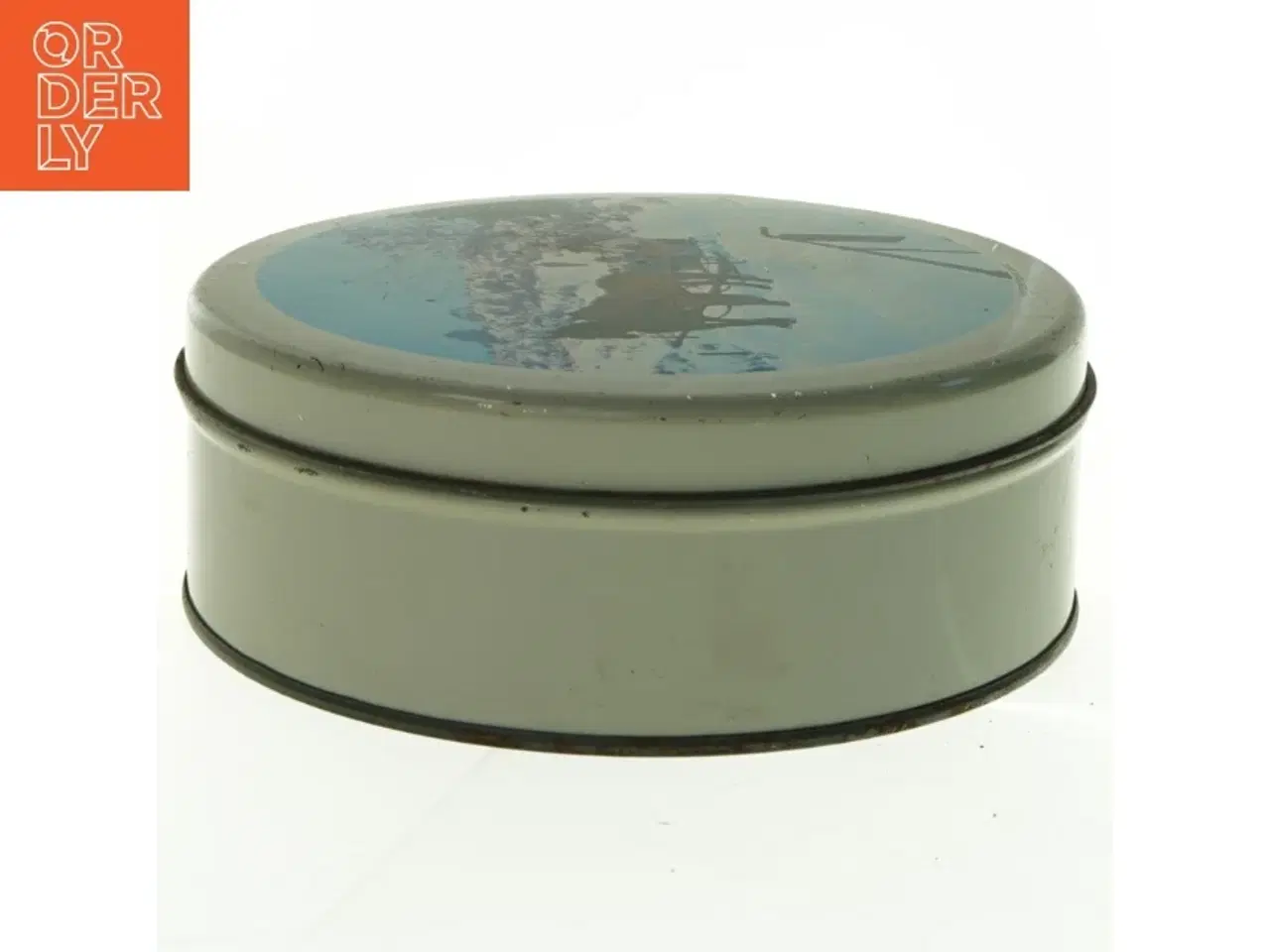 Billede 4 - Metal kagedåse med heste, kane i vintermotiv (str. Diameter, 22 cm h 8 cm)