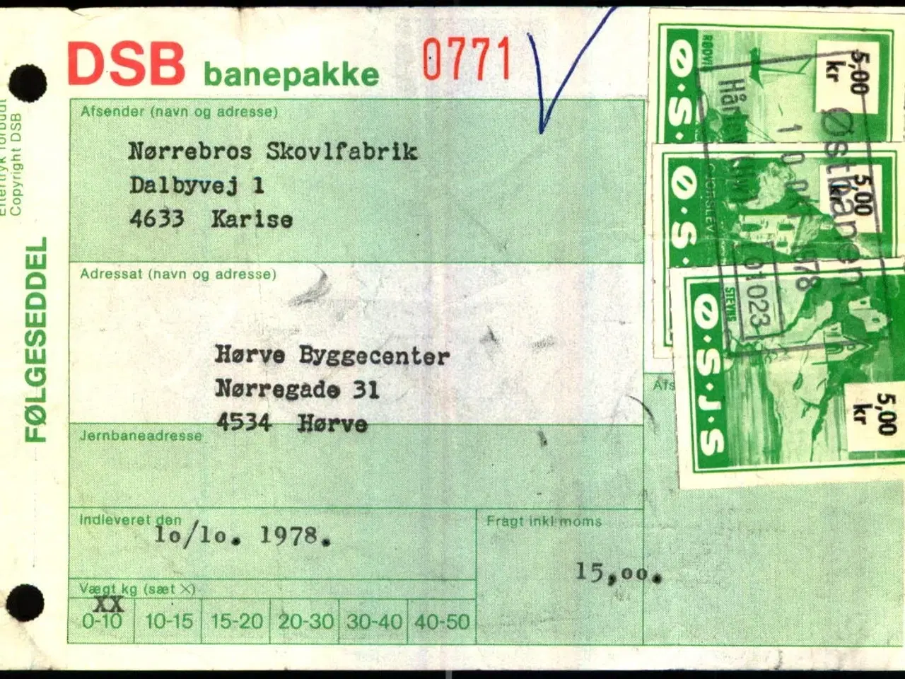 Billede 1 - Banepakke DSB/Ø.S.J.S.  - Følgeseddel - 10 - 10 - 78 - 3x5,00 Kr. - Stemplet