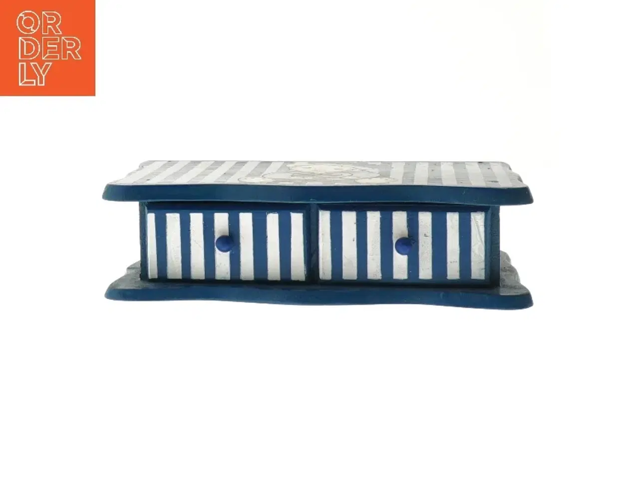 Billede 2 - Blå og hvid stribet smykkeskrin med bamse (str. 5,5x20,5x12 cm)i træ