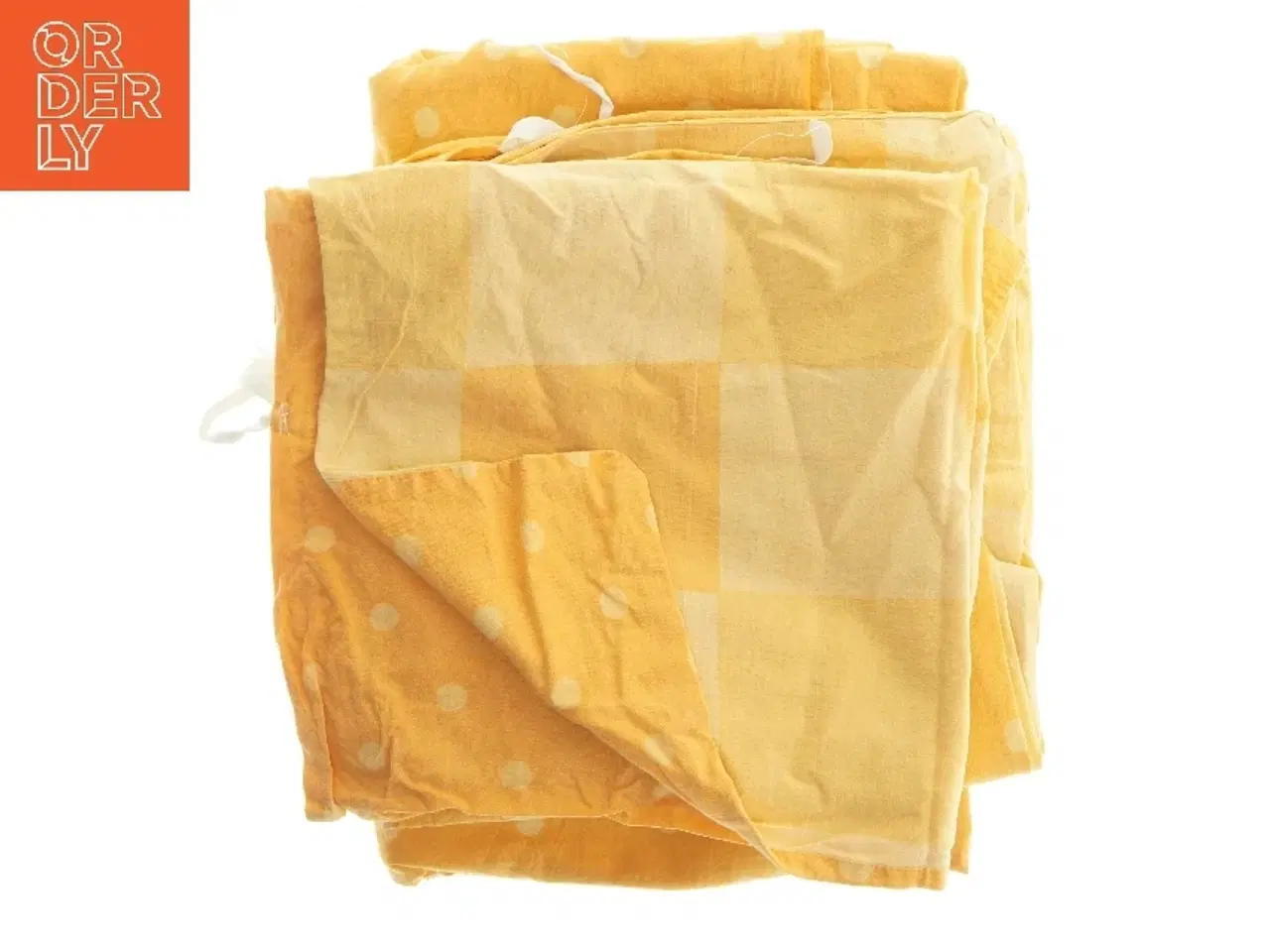 Billede 1 - To Gul/orange sengesæt med prikker og tern (str. 133x185 og 58x57 cm)