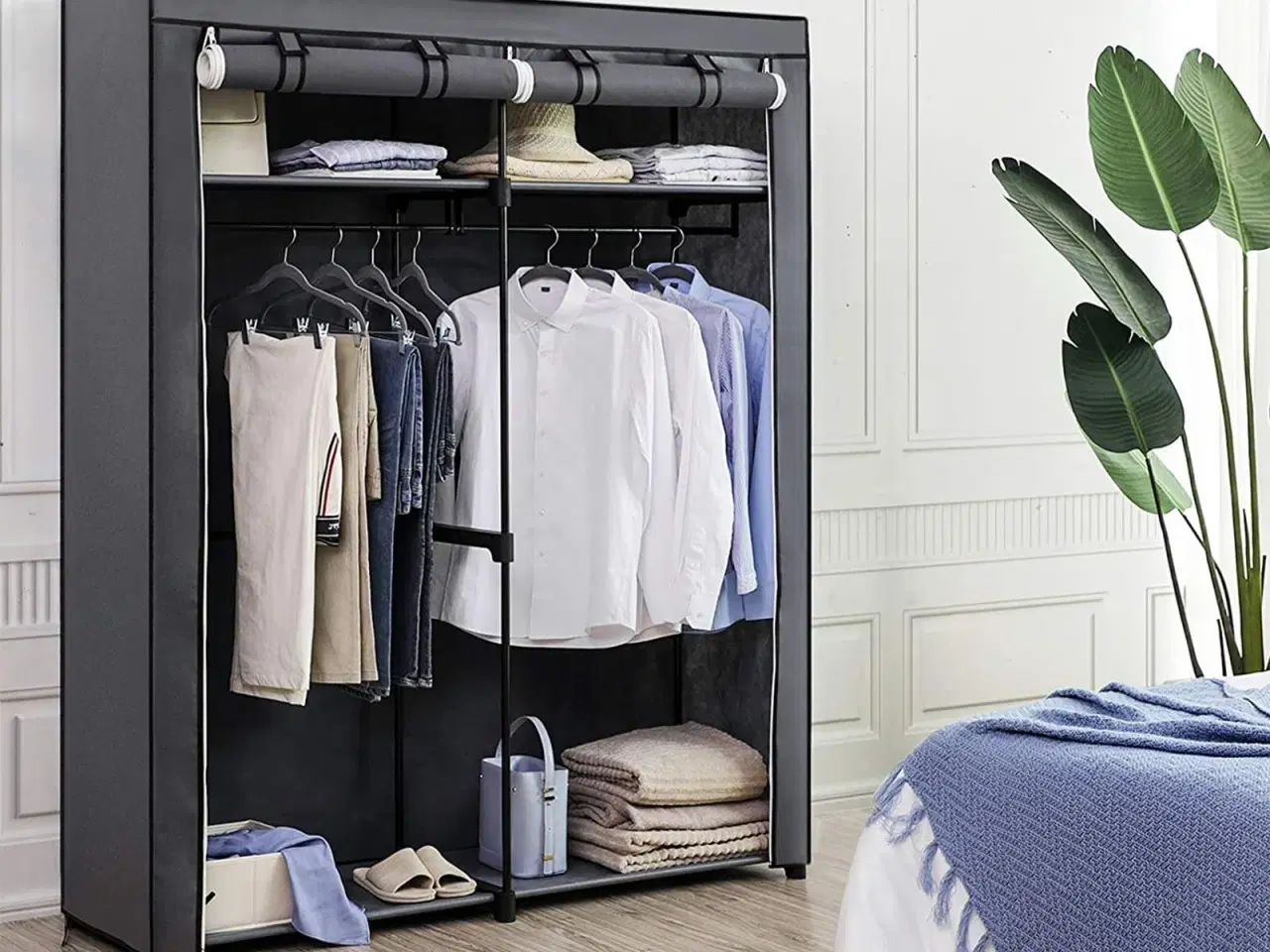 Billede 3 - Garderobeskab i stof – SONGMICS, 2 tøjstænger, sammenklappeligt, grå 140 × 43 × 174 cm