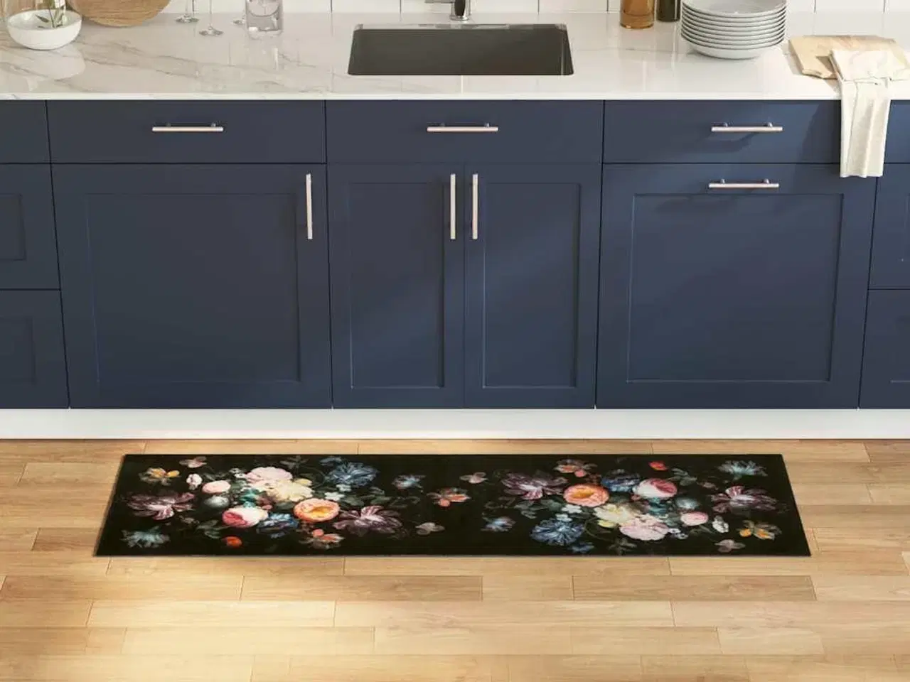 Billede 1 - Køkken tæppe Blomstret Sort 150 x 45 cm Fløjl