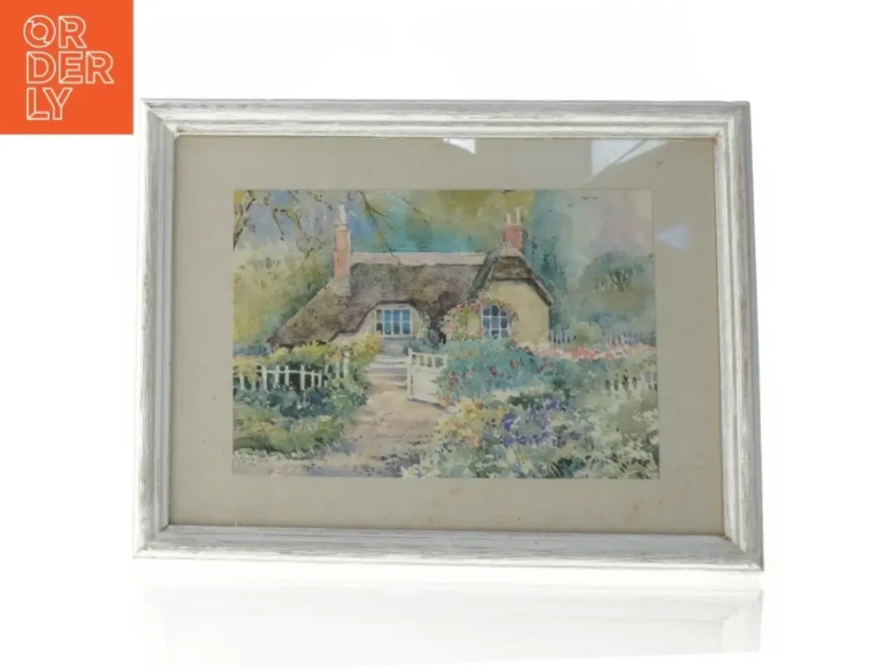 Billede 1 - Indrammet akvarel af landhus (str. 27 x 20 cm)