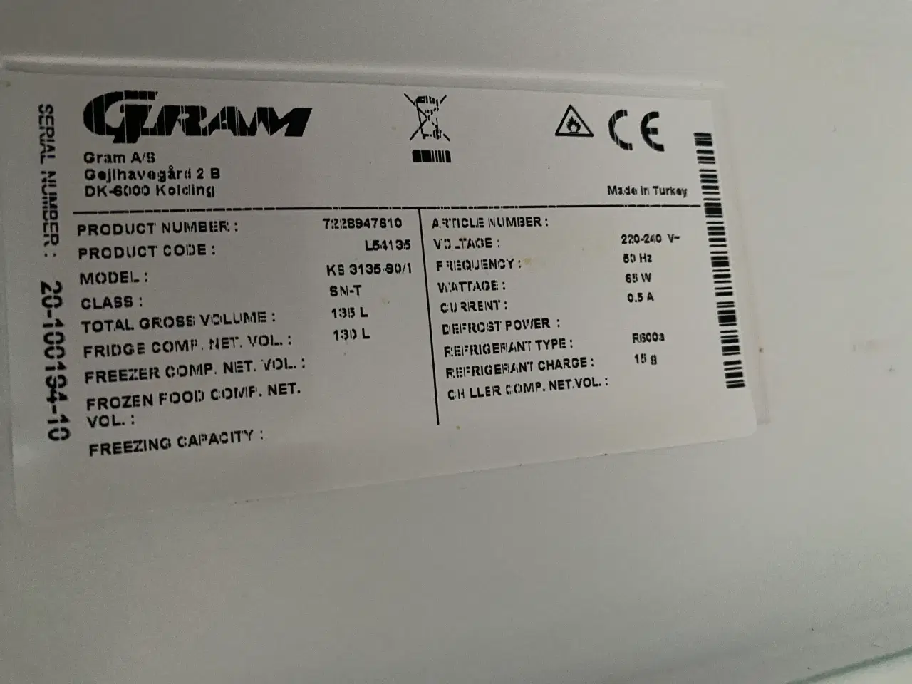 Billede 1 - Gram 130 l køleskab , uden fryser