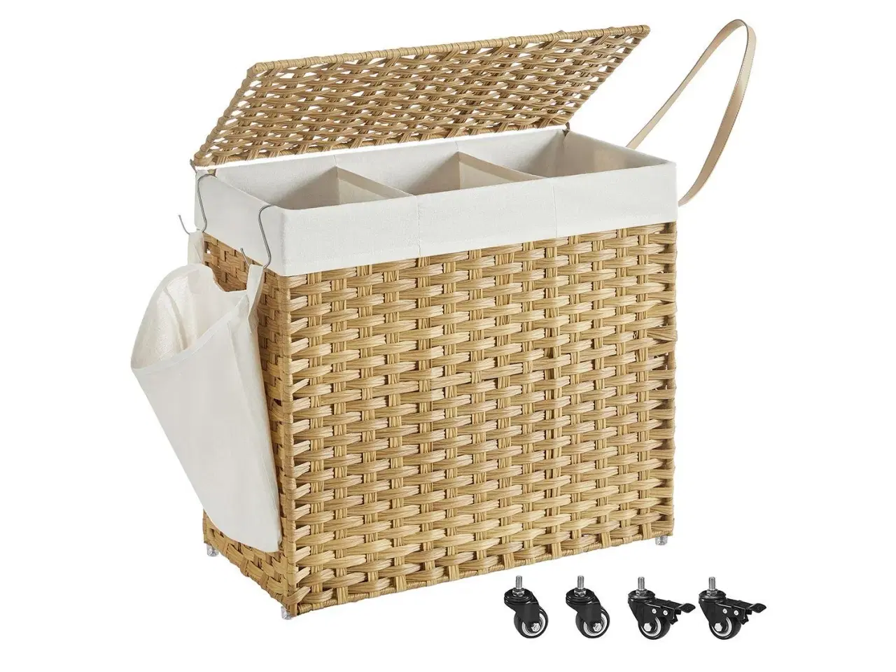 Billede 1 - Vasketøjskurv med låg – SONGMICS, 140 l, rattan-look, 3 rum, aftagelig inderpose, hjul og håndtag, natur, 66 × 33 × 60 cm