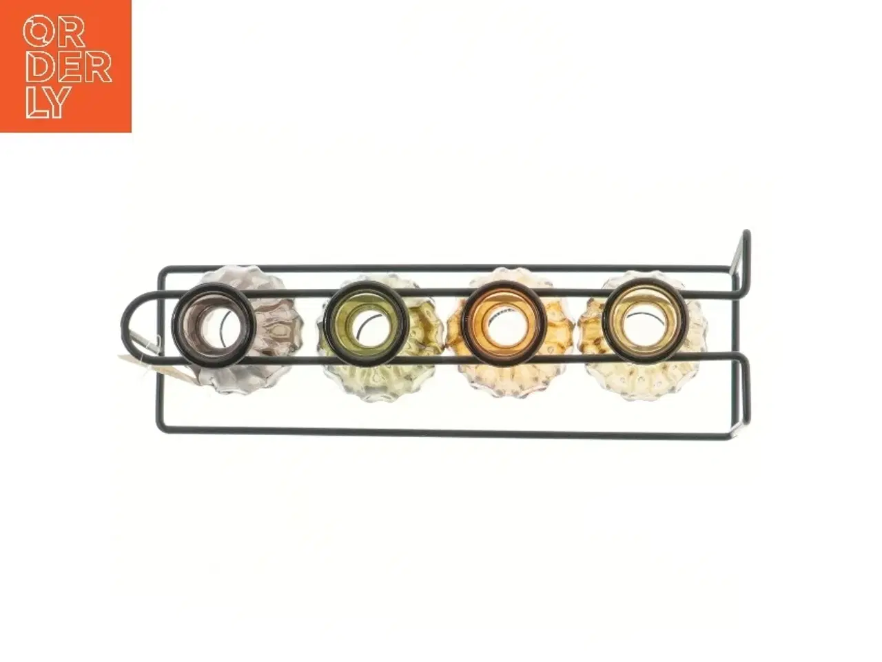 Billede 2 - Sæt med farvede glasvaser i metalstativ fra Det Gamle Apotek (str. 27,5x8x13 cm)