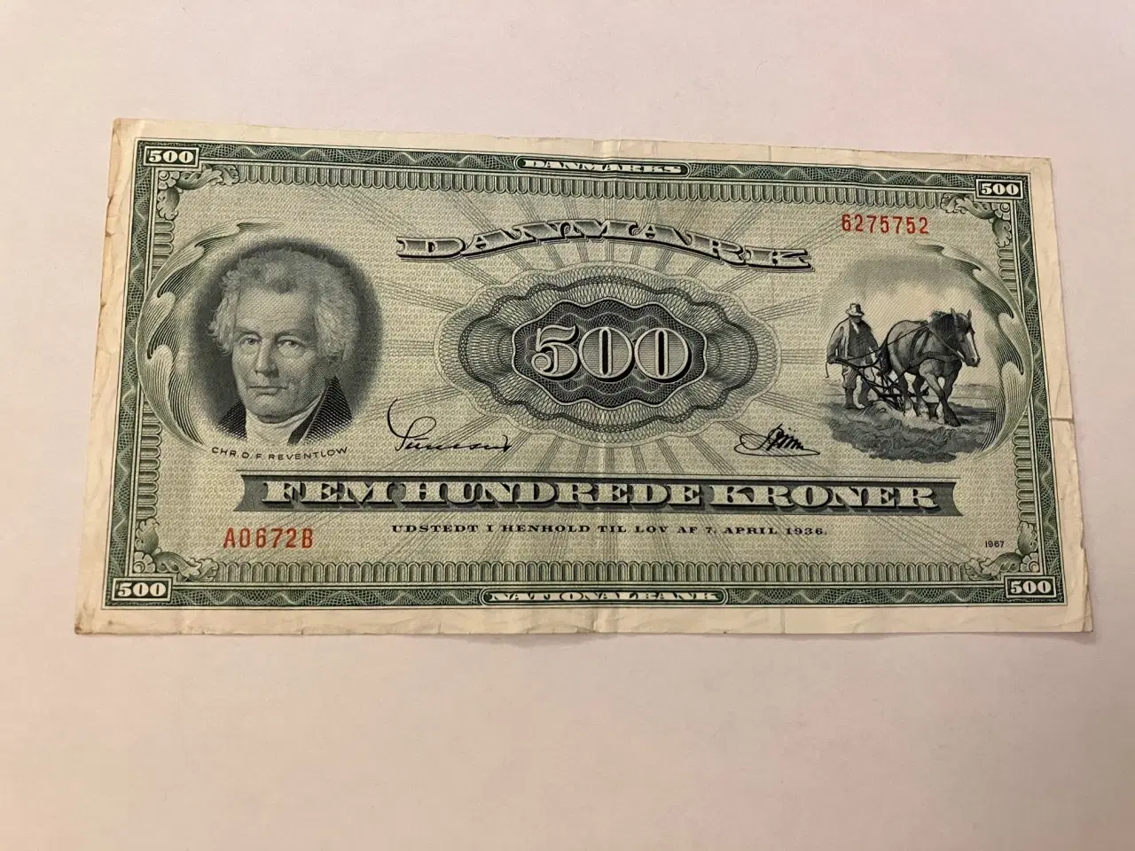 Billede 1 - 500 Kroner A0 1967 Danmark - Slidt