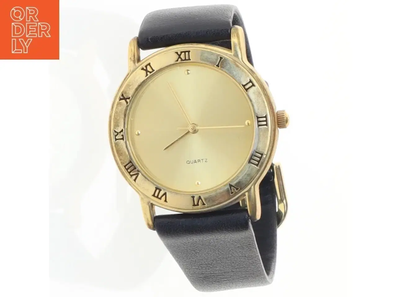 Billede 1 - Dameur med sort læderrem og guld urskive fra Quartz (str. Ø 9 mm)