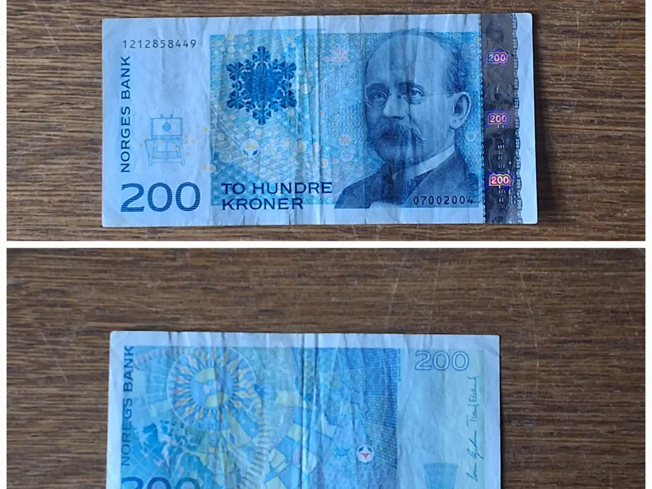 Billede 1 - Gamle pengesedler, 200kr, Norge + 100kr Sverige