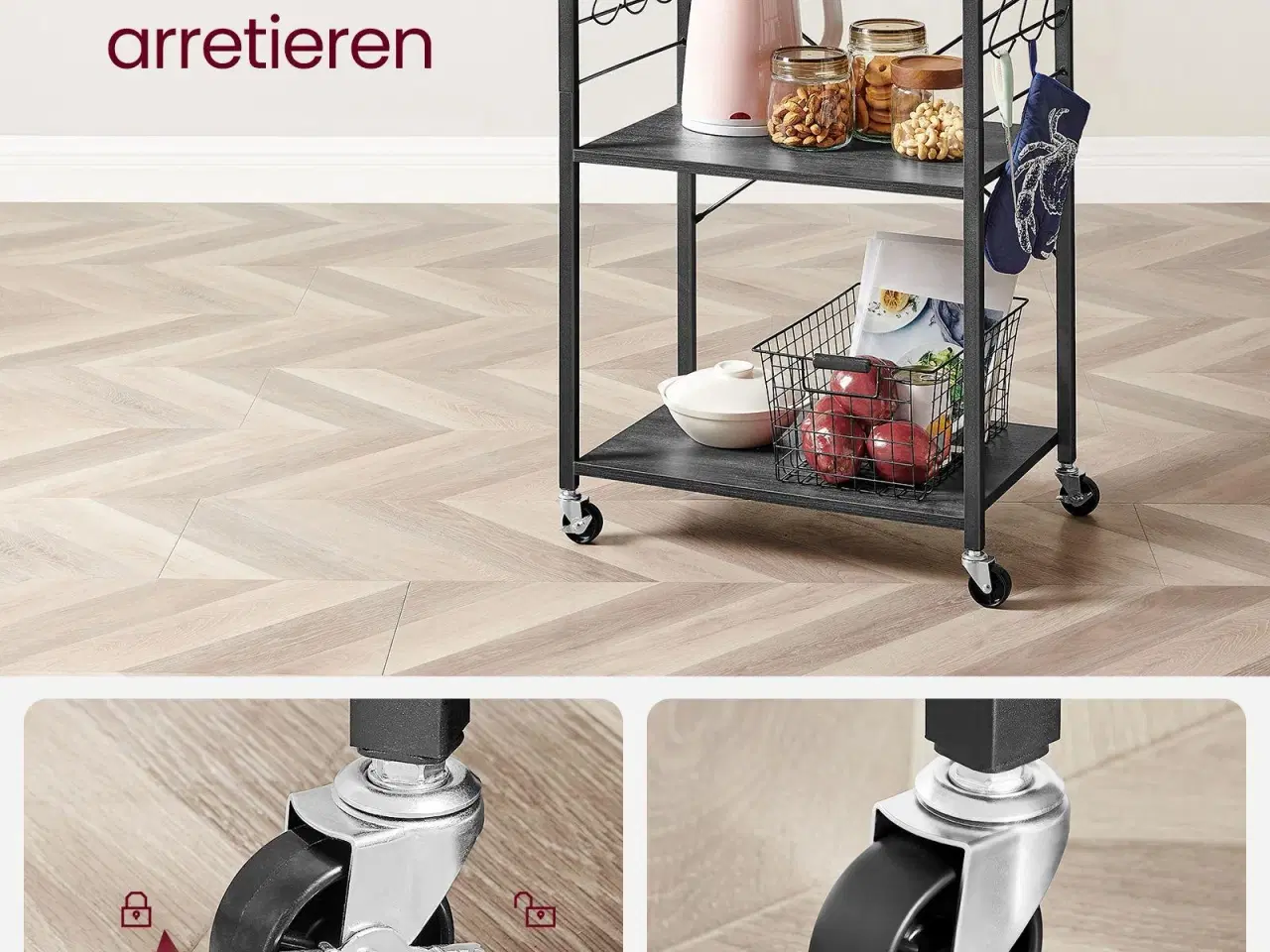 Billede 7 - Køkkenreol på hjul serveringsvogn med 3 hylder, mikrobølgereol, 6 kroge, industrielt look i sort/eboniseret eg (KKS060B42)