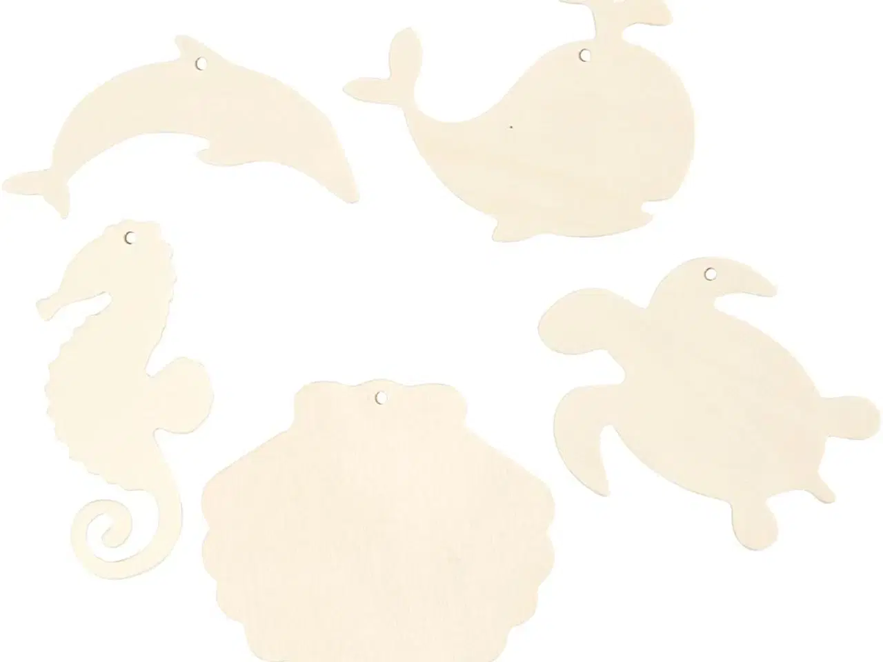 Billede 1 - Havdyr til ophæng, Søhest, skildpadde, delfin, musling og hval, H: 5-10 cm, B: 5-10 cm, hulstr. 3 mm, tykkelse 2 mm, 5stk./ 1 pk.