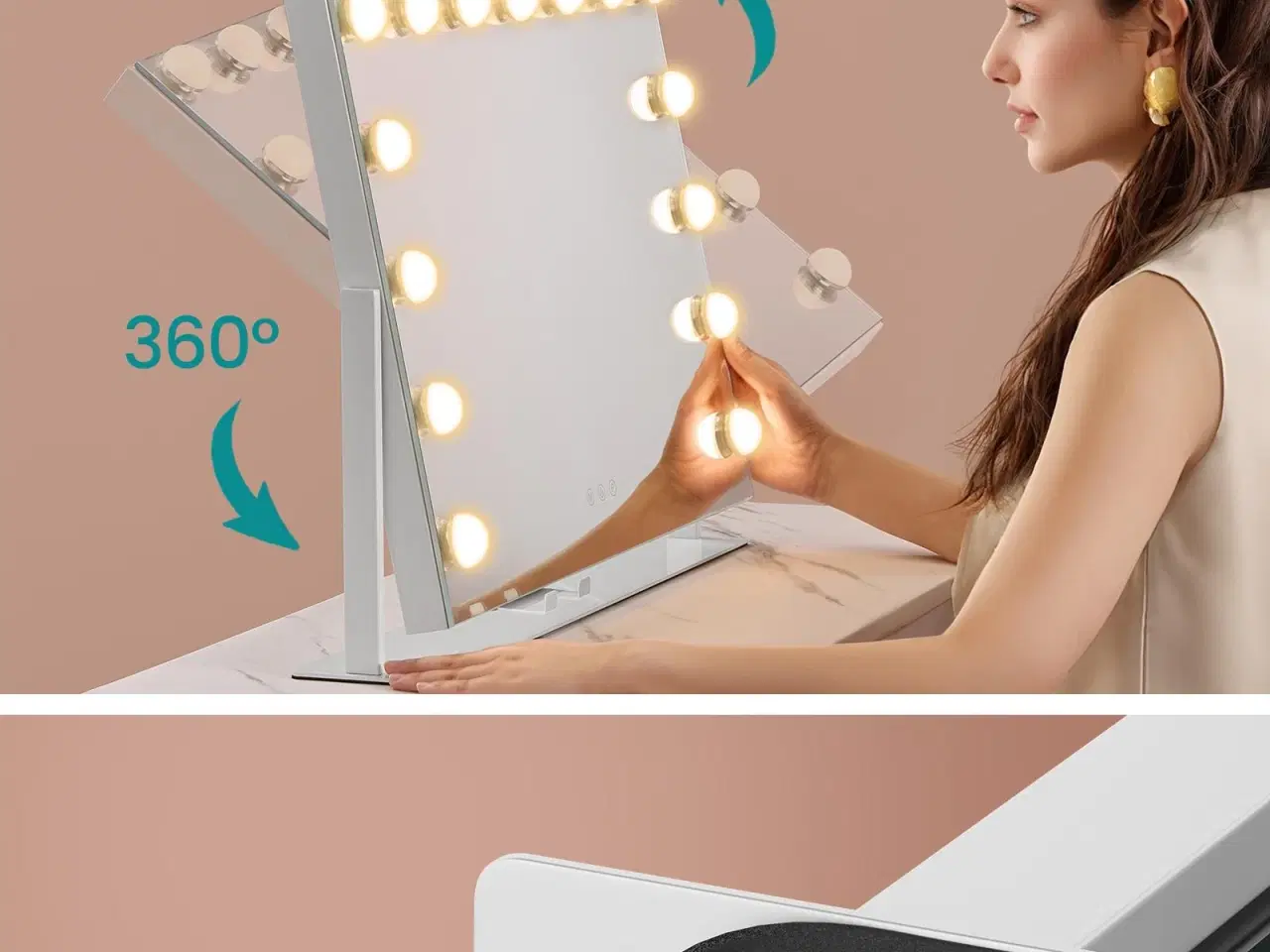 Billede 4 - Makeupspejl med lys 58 × 43 cm – 15 LED, 3 farver, touch, USB-A/USB-C, telefonholder, mat hvid