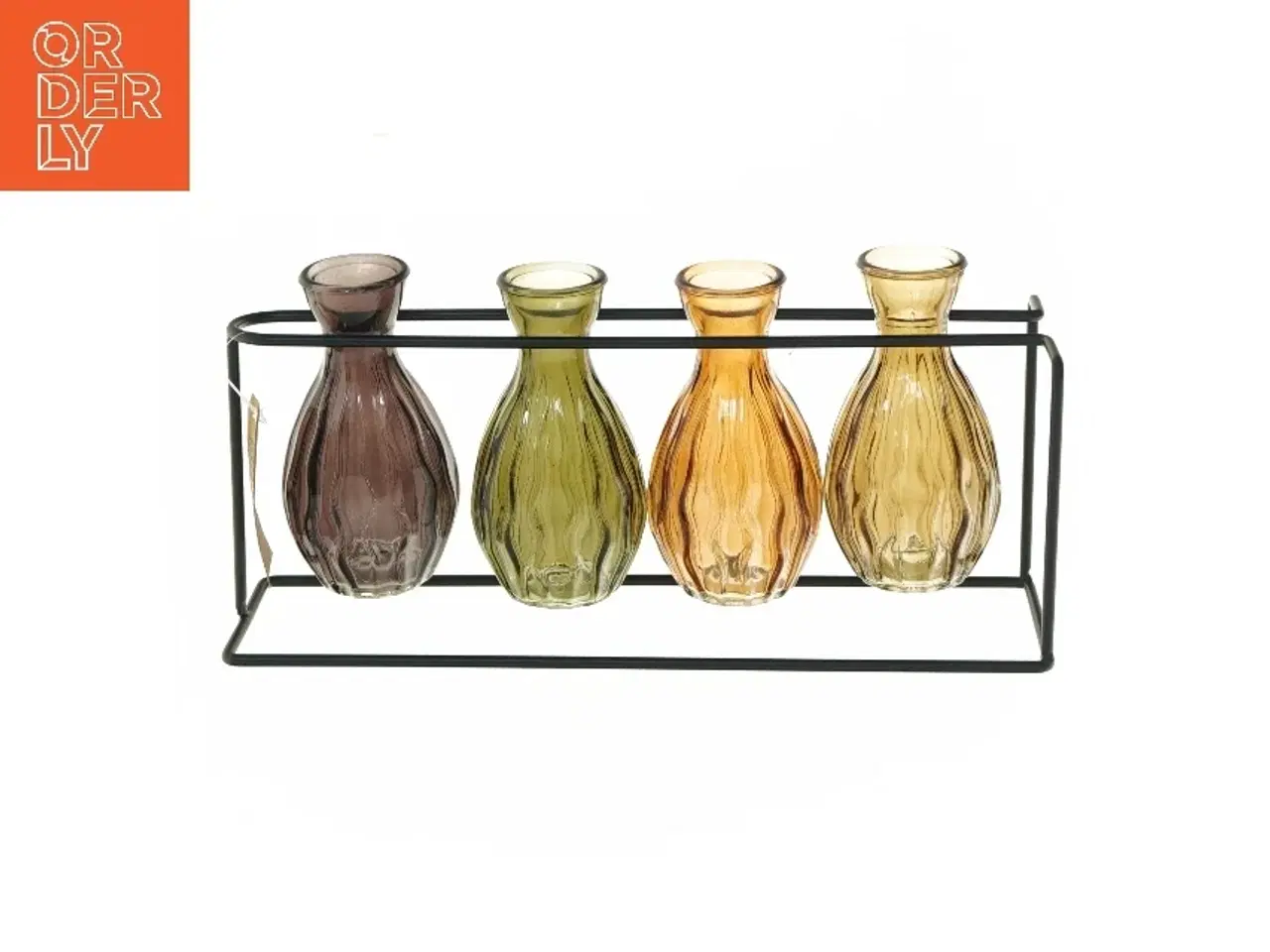 Billede 1 - Sæt med farvede glasvaser i metalstativ fra Det Gamle Apotek (str. 27,5x8x13 cm)