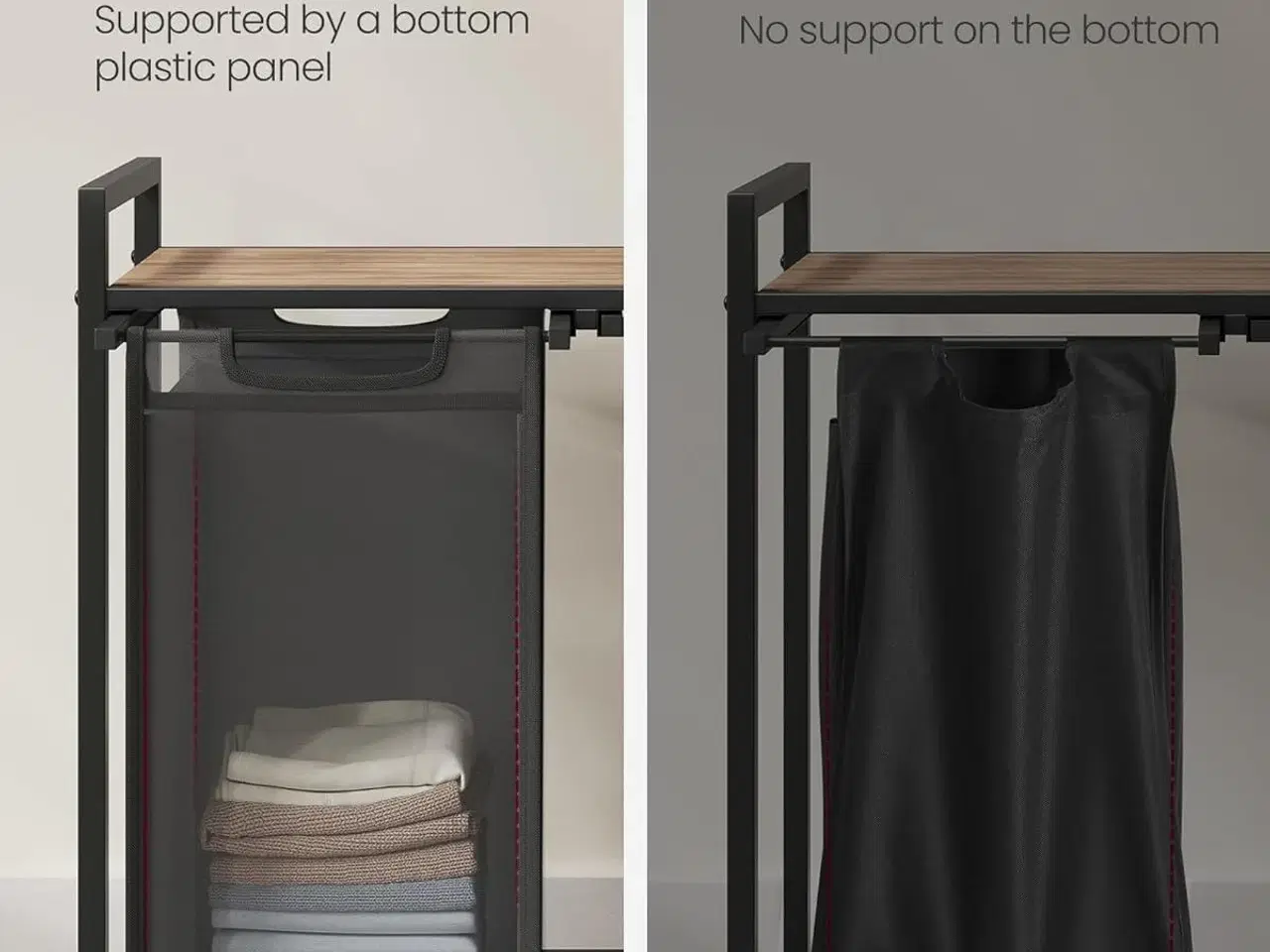 Billede 5 - Vasketøjskurv med 2 rum – VASAGLE, udtrækbare poser, hylde, metalstel, 2 × 46 l, 73 × 33 × 72 cm, kamelbrun/sort