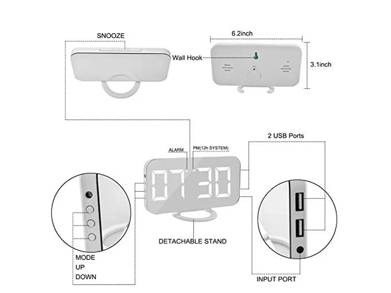 Billede 5 - Digital led alarm ur spejl 2 usb oplader porte