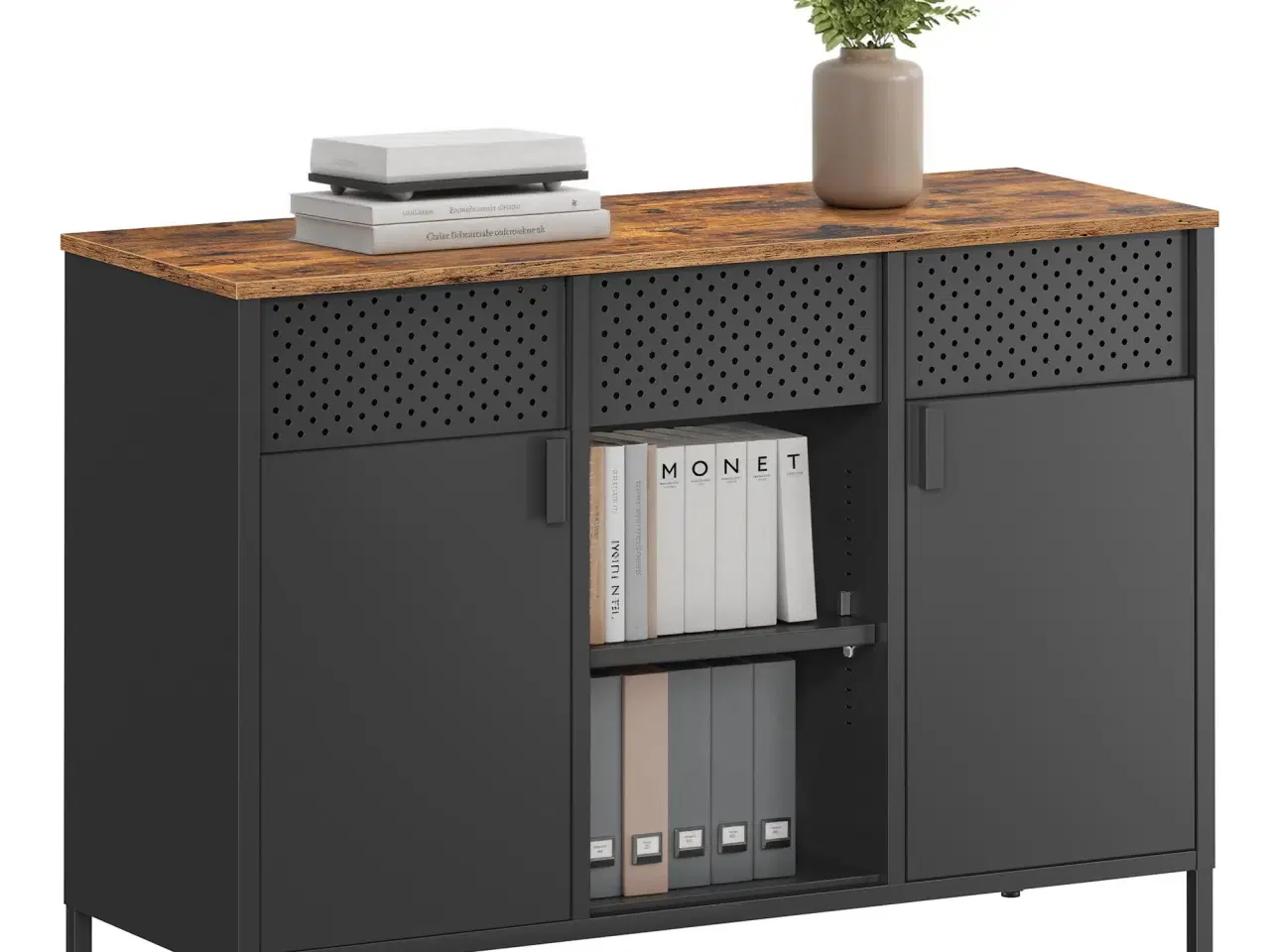 Billede 1 - Metalskab/sideboard med 2 døre – justerbare hylder, rustik brun & mat sort