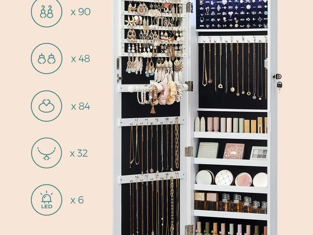 Billede 5 - Smykkeskab med spejl vægmonteret, låsbart organiser i hvid