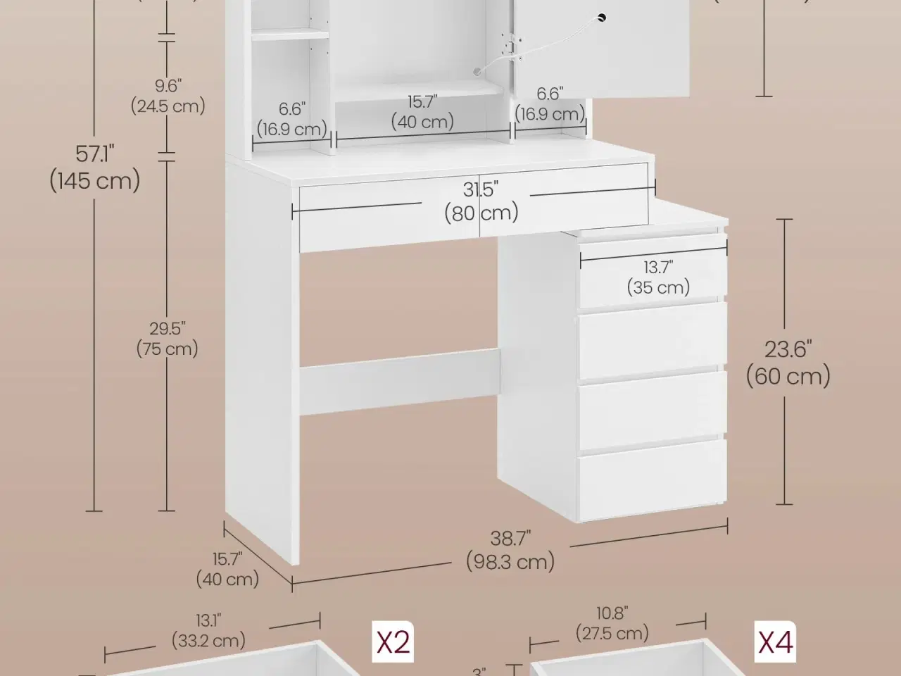 Billede 5 - Makeupbord med LED-lys, spejl og skuffer – 40 × 98,3 × 145 cm, moderne toiletbord i cloud hvid