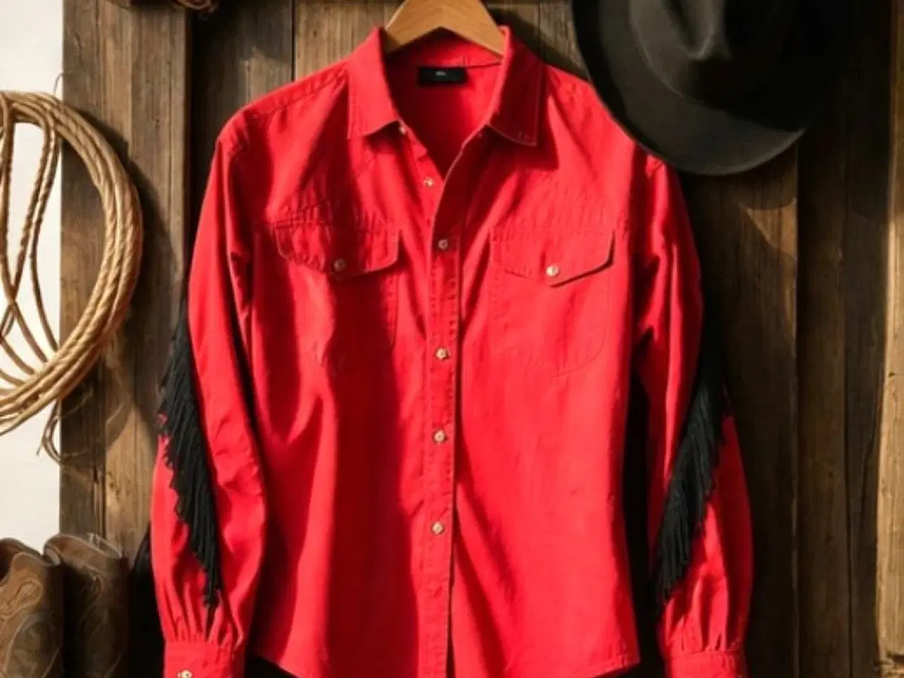 Billede 1 - Rød western-skjorte med sorte frynser på ryggen