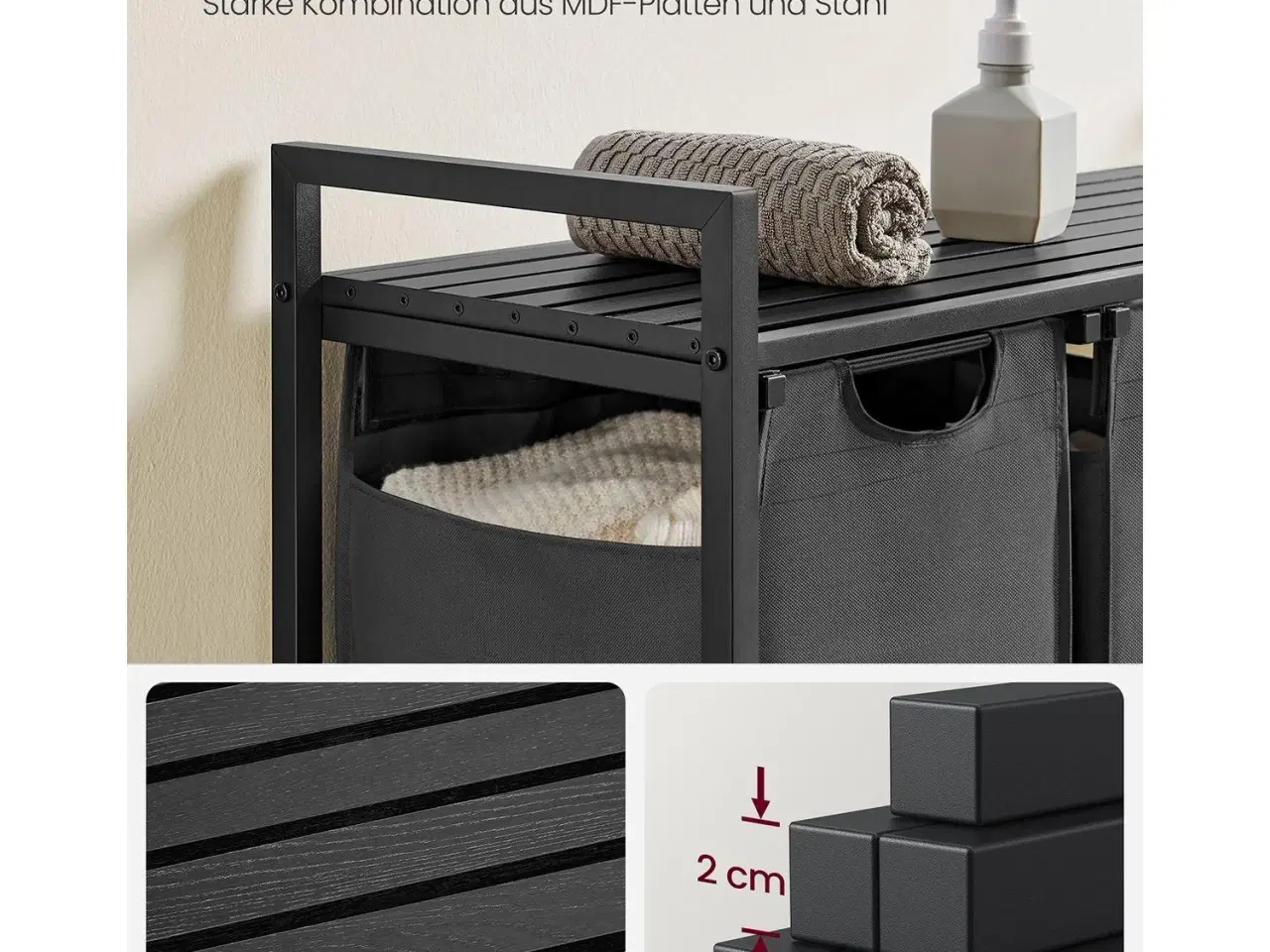 Billede 5 - Vasketøjskurv med 3 rum – VASAGLE, udtrækkelige poser, hylde, metalstel, 3 x 38 l, 92,5 × 33 × 72 cm, sort/grå