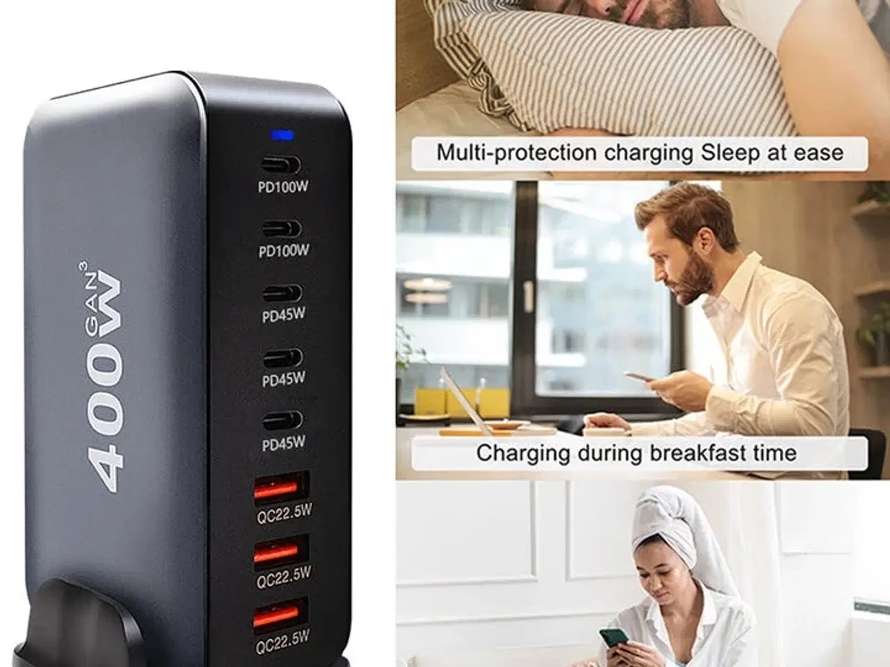 Billede 5 - Ladestation GaN 400W – 8 porte (USB-C & USB-A) – Hurtig opladning til mobil og bærbar computer