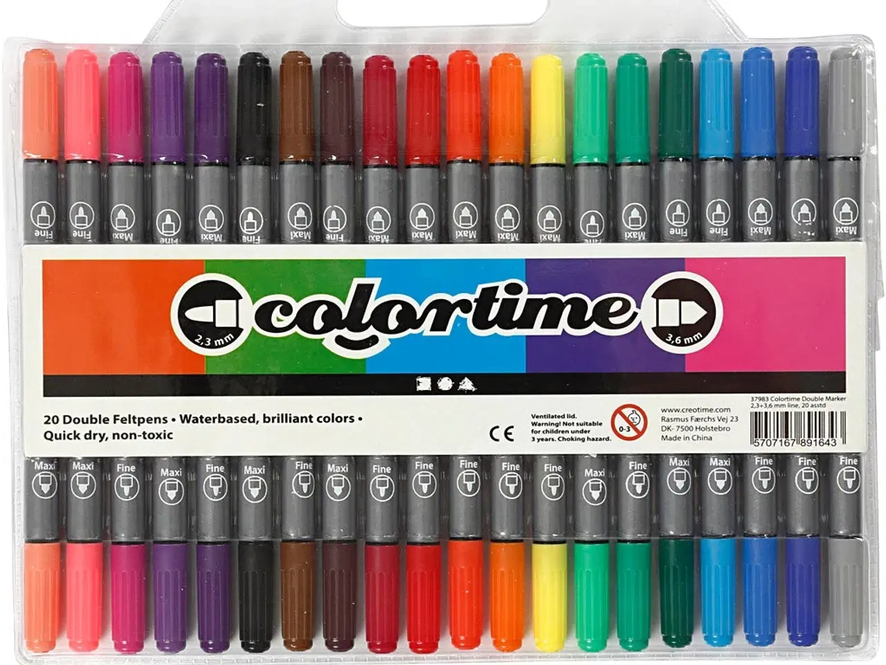 Billede 1 - Colortime Dobbelttusch, streg 2,3+3,6 mm, standardfarver, 20 stk./ 1 pk.