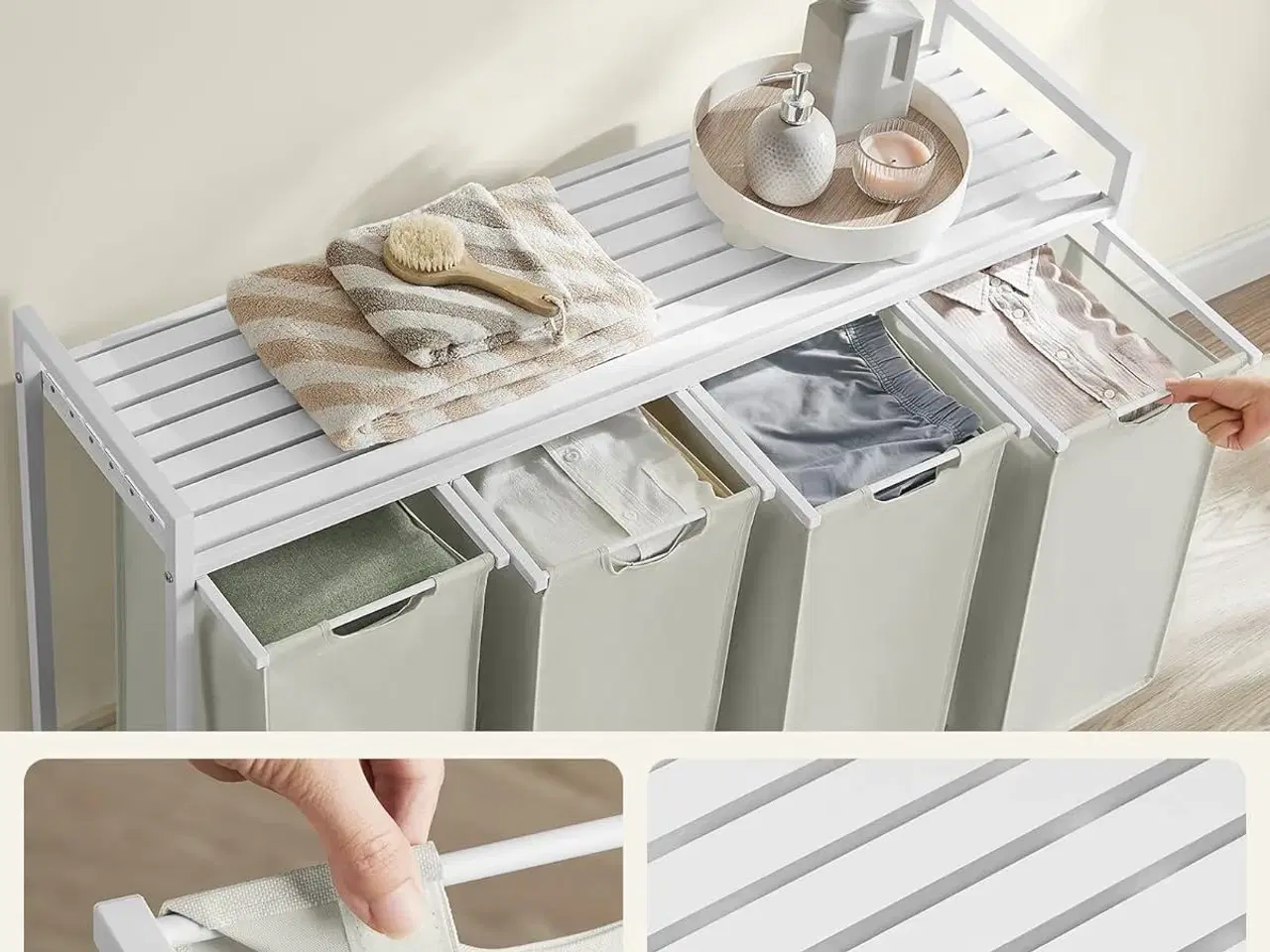 Billede 4 - Vasketøjskurv med 4 rum udtrækkelige poser, hylde, metalstel, 4 × 40 l, 116 × 33 × 72 cm, hvid