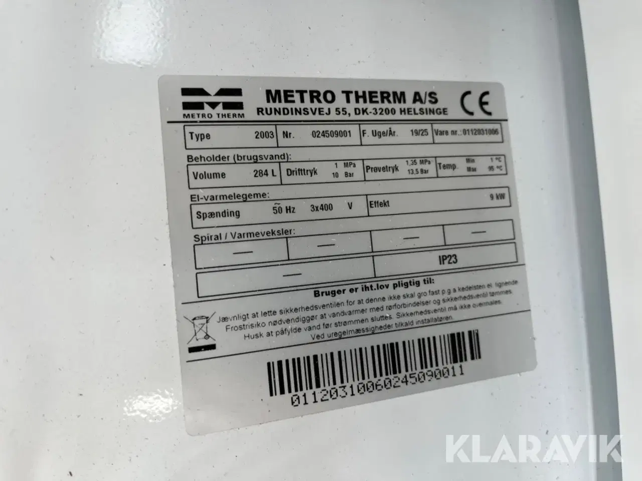 Billede 5 - El-Vandvarmer Metro Therm Type 2003 9kW - 300L