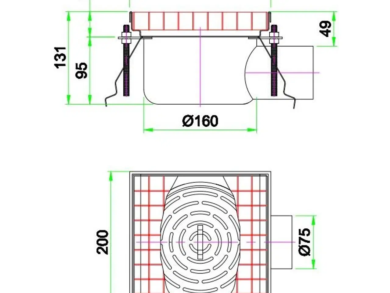 Billede 2 - Rustfrit Gulvafløb (200 x 200 mm) – AISI 304 Stål