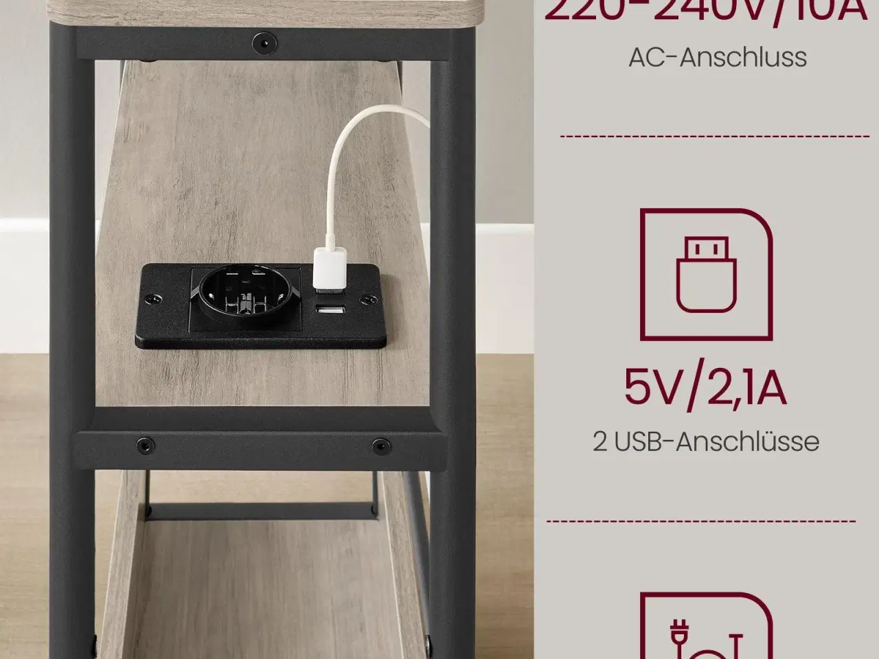 Billede 4 - Sidebord med stikkontakt slankt 3-niveaus sofabord/natbord, magasinholder, Heather Greige/Ink Black