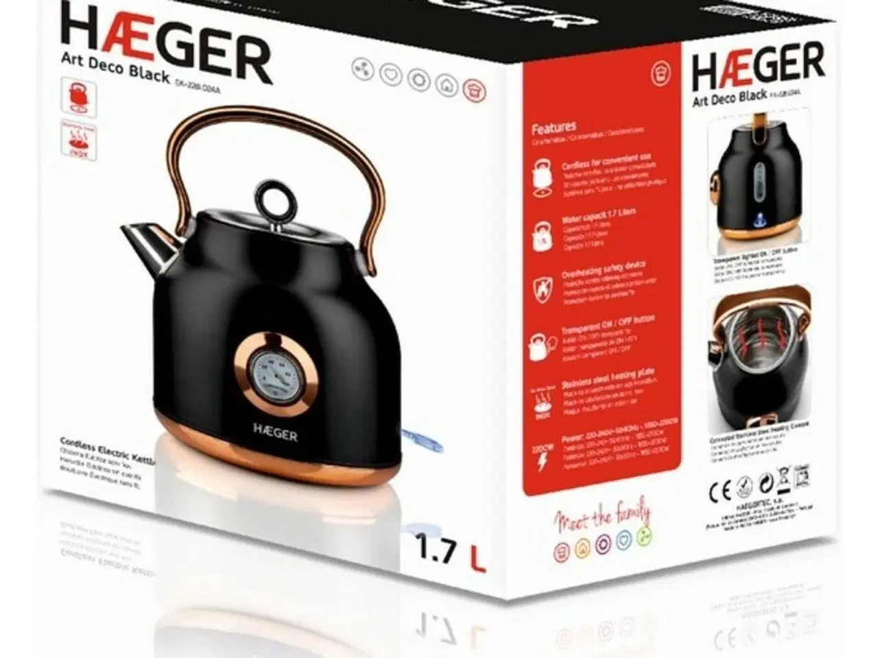 Billede 2 - Vandkedel og Elektrisk Tekedel Haeger EK-22B.024A Sort Rustfrit stål 2200 W 1,7 L