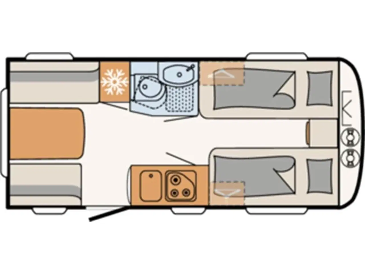 Billede 17 - 2026 - Dethleffs Camper 460 EL    Enkeltsenge med sengeudvidelse, NYHED nu med 2 gasblus, ende-sidde-gruppe, el-gulv-varme, 17 tommer alufælge, 137 l. køleskab m/ fryser,