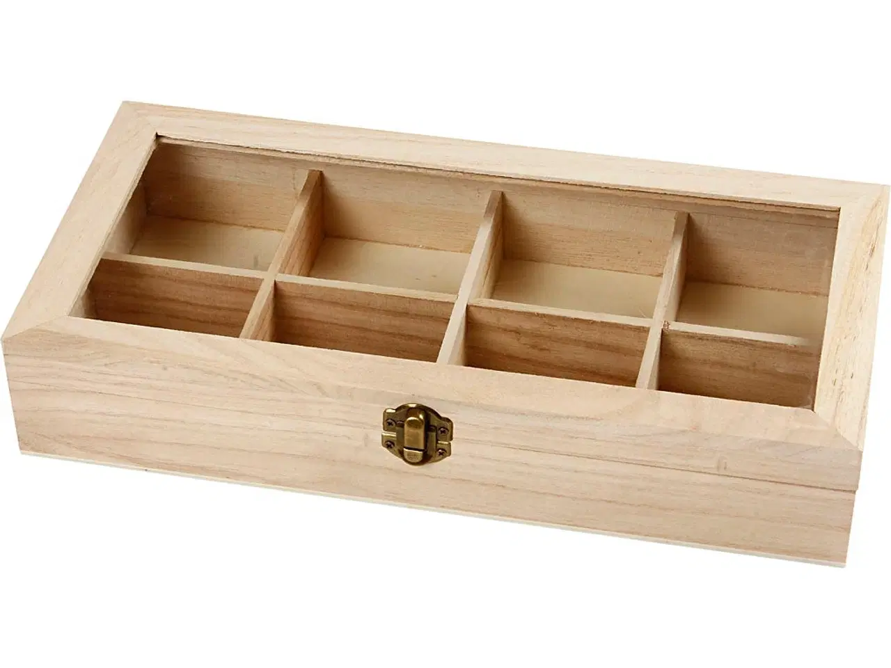 Billede 1 - Æske med glaslåg, str. 32x16x6 cm, hulstr. 7x7 cm, 1 stk.