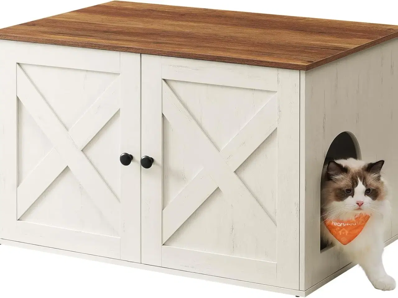 Billede 1 - Kattebakke skab – FEANDREA skjult kattebakke-møbel med aftagelig skillevæg, indendørs kattehus/sidebord, 80 × 53 × 50 cm, honningbrun & rustik hvid