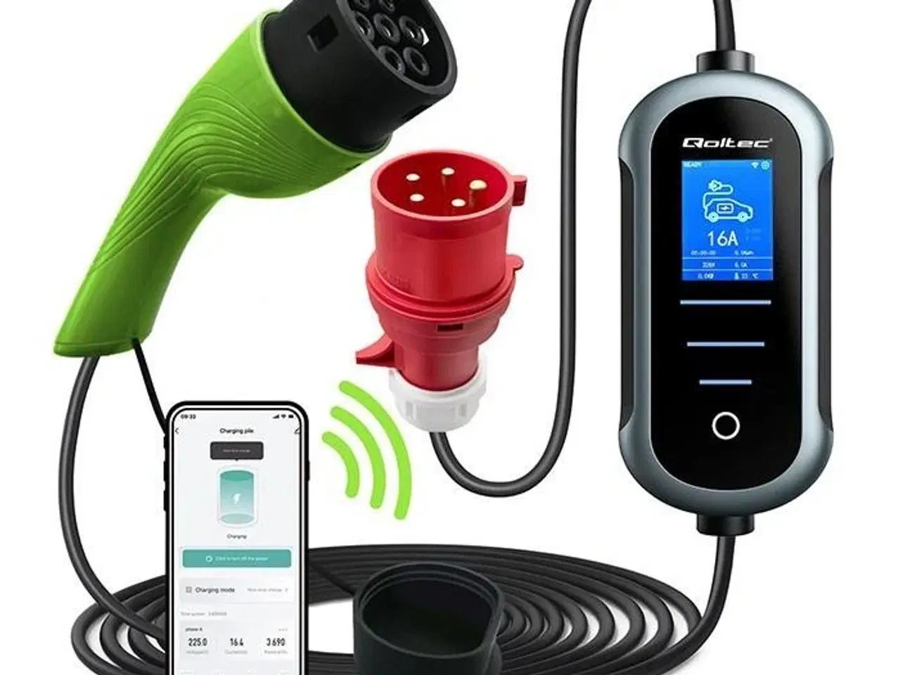 Billede 1 - Ladekabel til elbil Qoltec Type 2, 11 kW, 400 V, Wi‑Fi, Tuya/Smart Life, LCD, 5 m – mobil wallbox 2‑i‑1