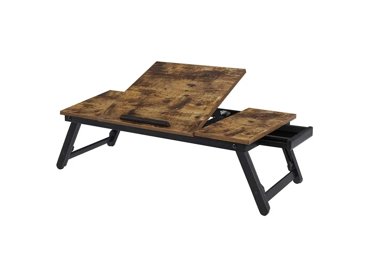 Billede 1 - Bærbar pc bord til seng/sofa justerbar vippeplade, foldeben i højden, skuffe, rustik mørkebrun