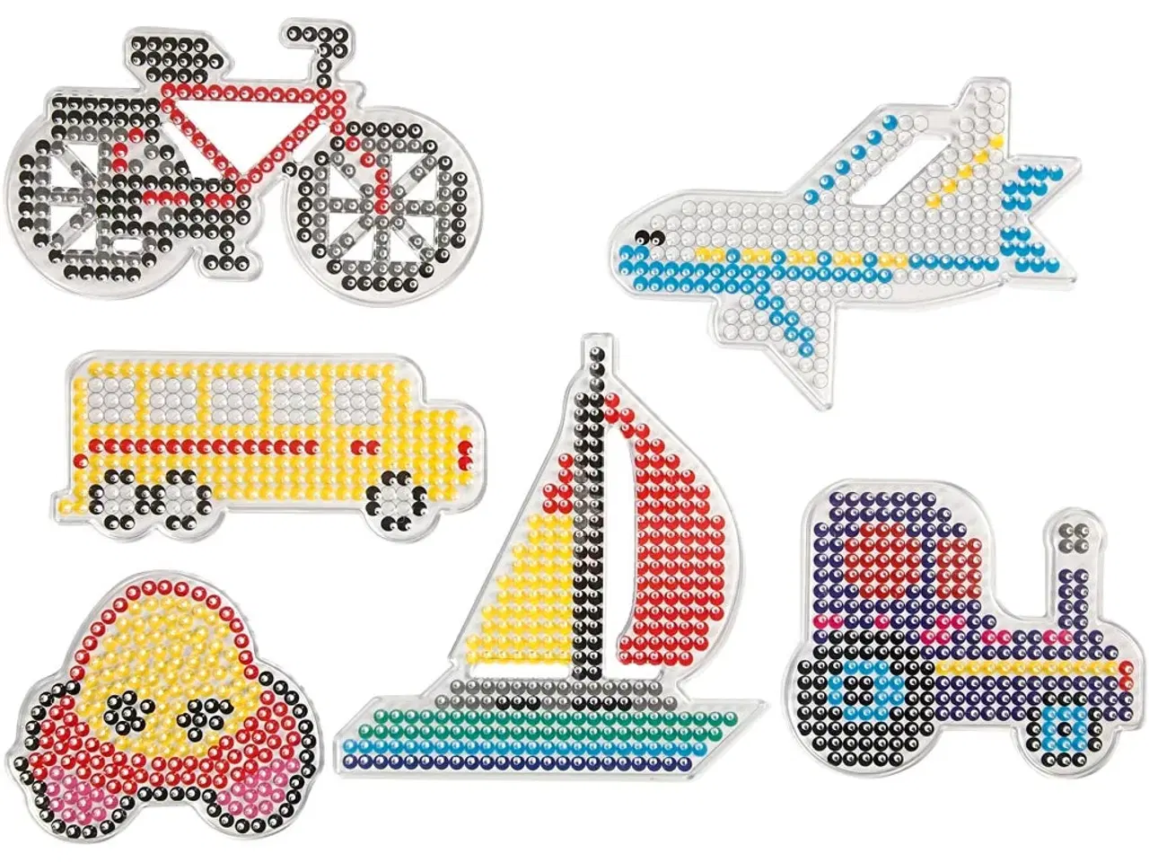 Billede 1 - Perleplade, bil, fly, båd, traktor, bus og cykel, str. 9x9,5+11x16 cm, medium, 6stk./ 1 pk.