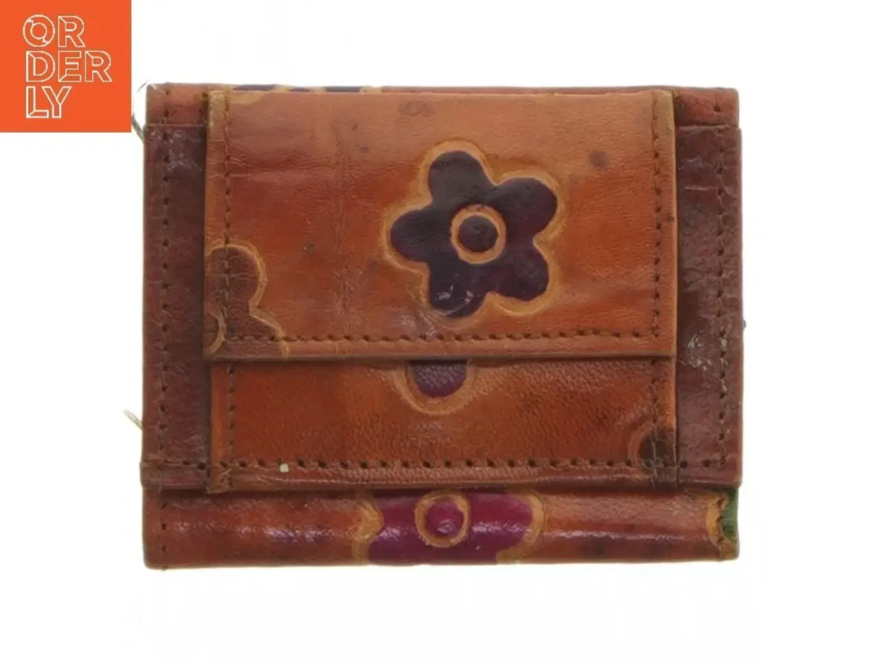 Billede 1 - Lille læderpung med blomster (str. 9x7 cm)