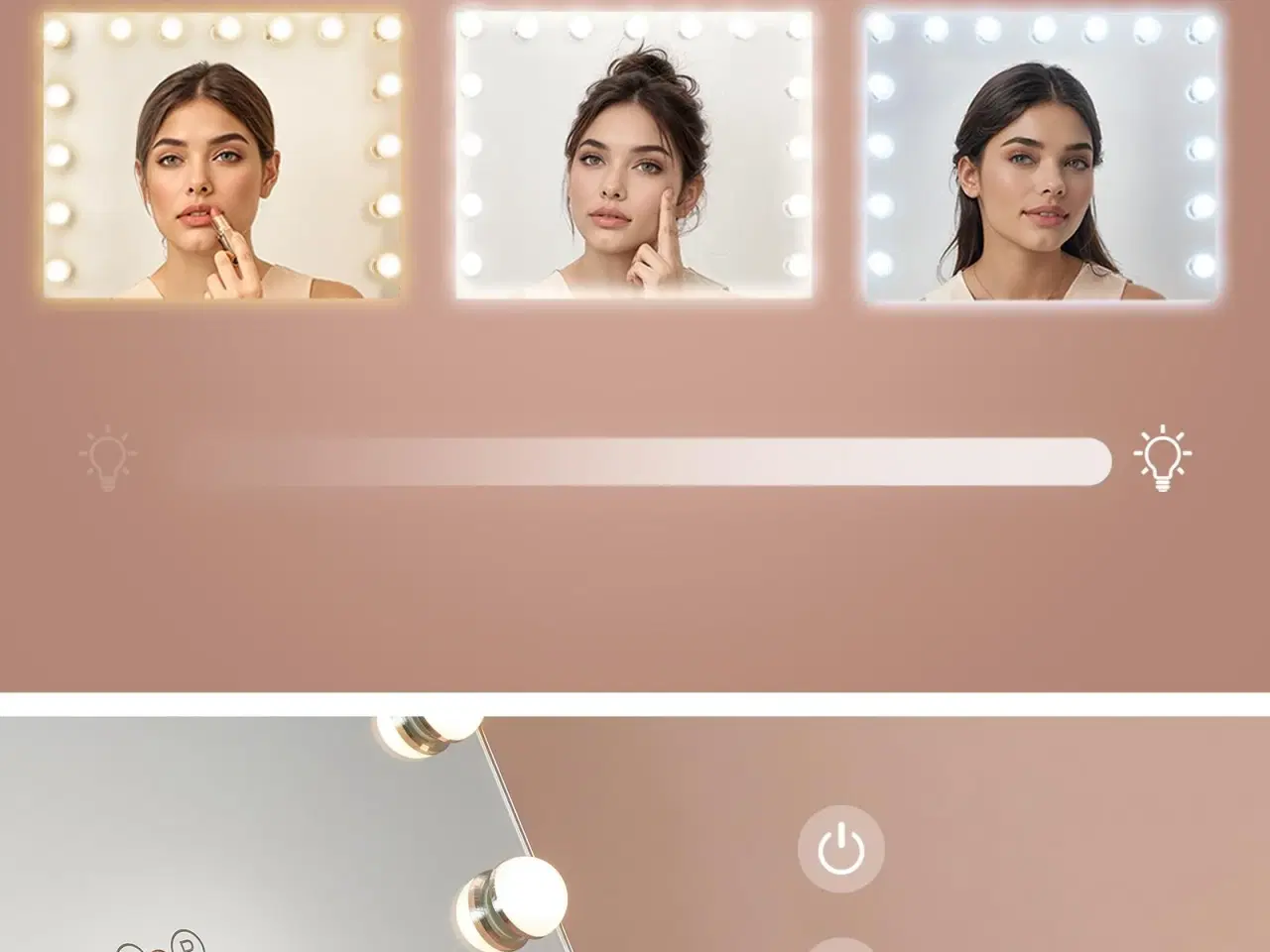 Billede 3 - Makeupspejl med lys 58 × 43 cm – 15 LED, 3 farver, touch, USB-A/USB-C, telefonholder, mat hvid