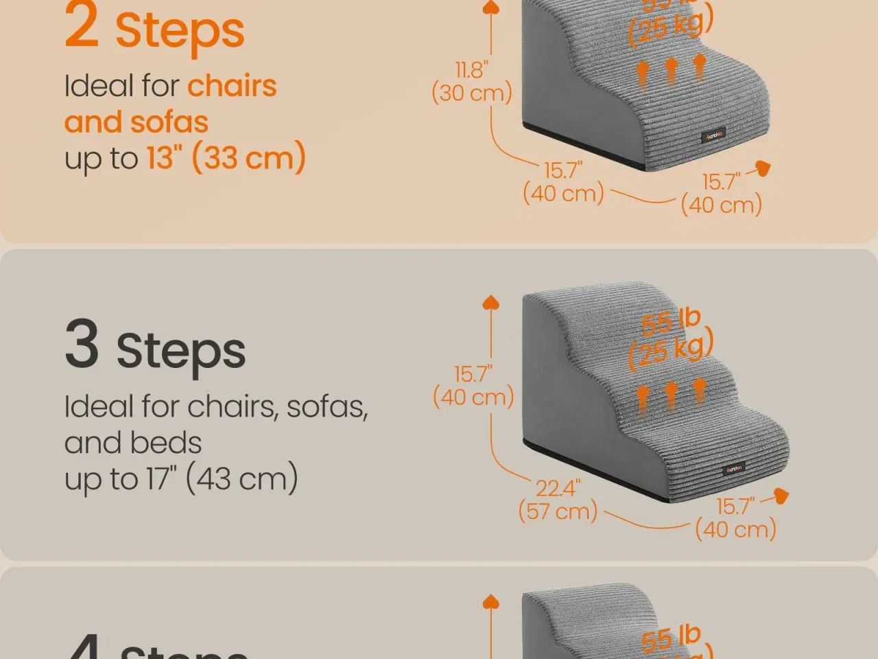Billede 6 - FEANDREA hundetrappe 2-trins – blid rampe til sofa og seng, skridsikker, aftageligt vaskbart betræk, vandtæt foring, håndtag – duegrå (PPS002G01)