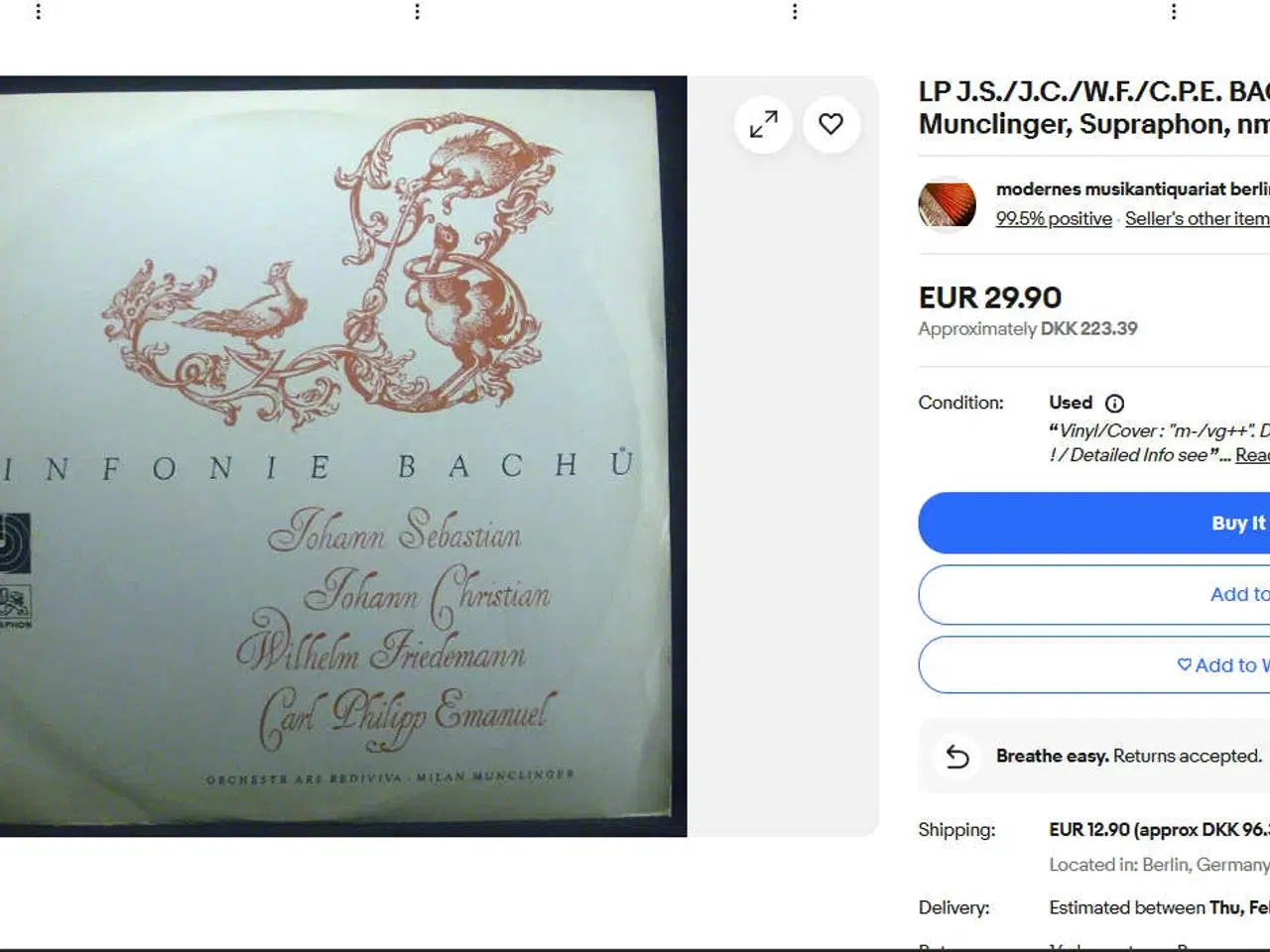 Billede 2 - Bach 3 symfonier, Supraphon LP 1969