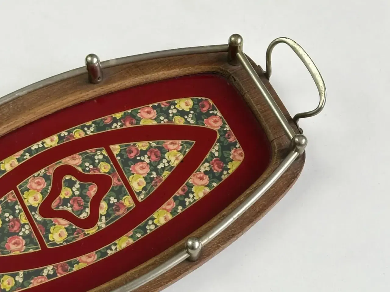 Billede 4 - Antik træbakke m bemalet glasplade